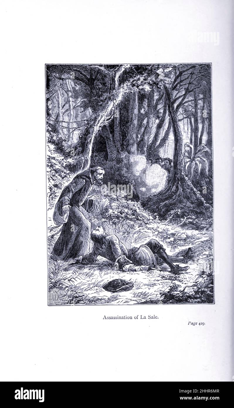 Mord an La Sale René-Robert Cavalier, Sir de La Salle, (geboren am 22. November 1643, Rouen, Frankreich – gestorben am 19. März, 1687, in der Nähe des Brazos River [jetzt in Texas, USA]), französischer Forscher in Nordamerika, der eine Expedition entlang der Illinois und Mississippi führte und die gesamte vom Mississippi und seinen Nebenflüssen bewässerte Region für Ludwig XIV. Von Frankreich beanspruchte und die Region „Louisiana“ nannte. Einige Jahre später, auf einer glücklosen Expedition, die die Mündung des Mississippi suchte, wurde er von seinen Männern ermordet. Aus der Erforschung der Welt, gefeierte Reisen und Reisende, gefeierte Reisen von Jules Stockfoto