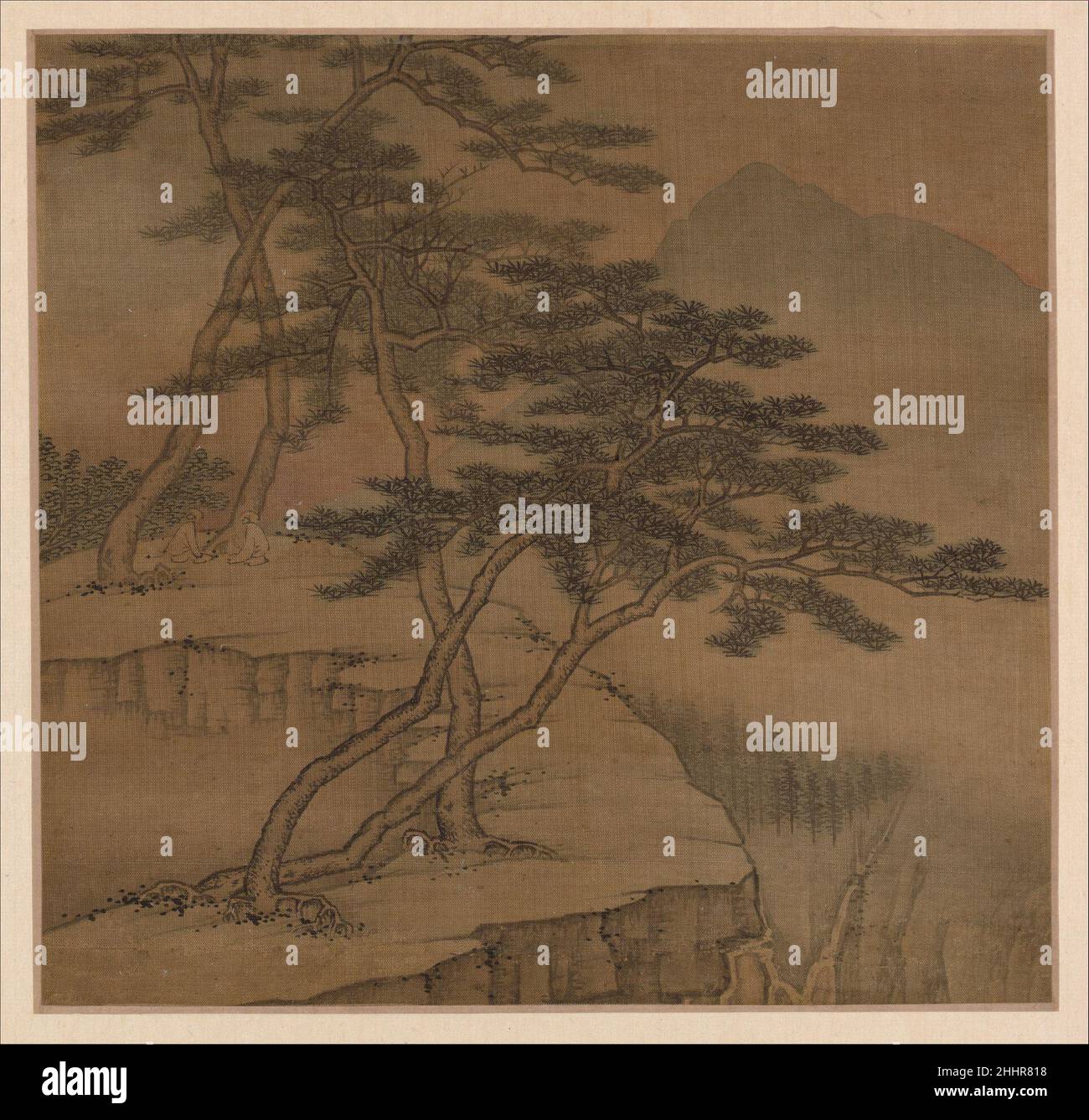 Landschaften im Stil alter Meister 1667 Gao Cen der Chinese Gao Cen gehörte zu den am meisten vollendeten so genannten acht Meistern von Nanjing. Er spezialisierte sich auf kleinformatige gemartige Gemälde, die in einem komplizierten, beschreibenden Stil ausgeführt wurden, der die Landschaft der Stadt hervorhob. Gao knüpft an die Tradition der topografischen Malerei an, die während des späten Ming praktiziert wurde, und produzierte Werke, um die wachsende Nachfrage nach Erinnerungsstücken an Nanjing's sagenumwobene Sehenswürdigkeiten zu decken, darunter Orte mit nostalgischen Verbindungen zu den glorreichen Tagen der Stadt unter dem Ming. Gao, eine sensible Blockflöte des Vertrauten, war auch ein innovatives Experiment Stockfoto