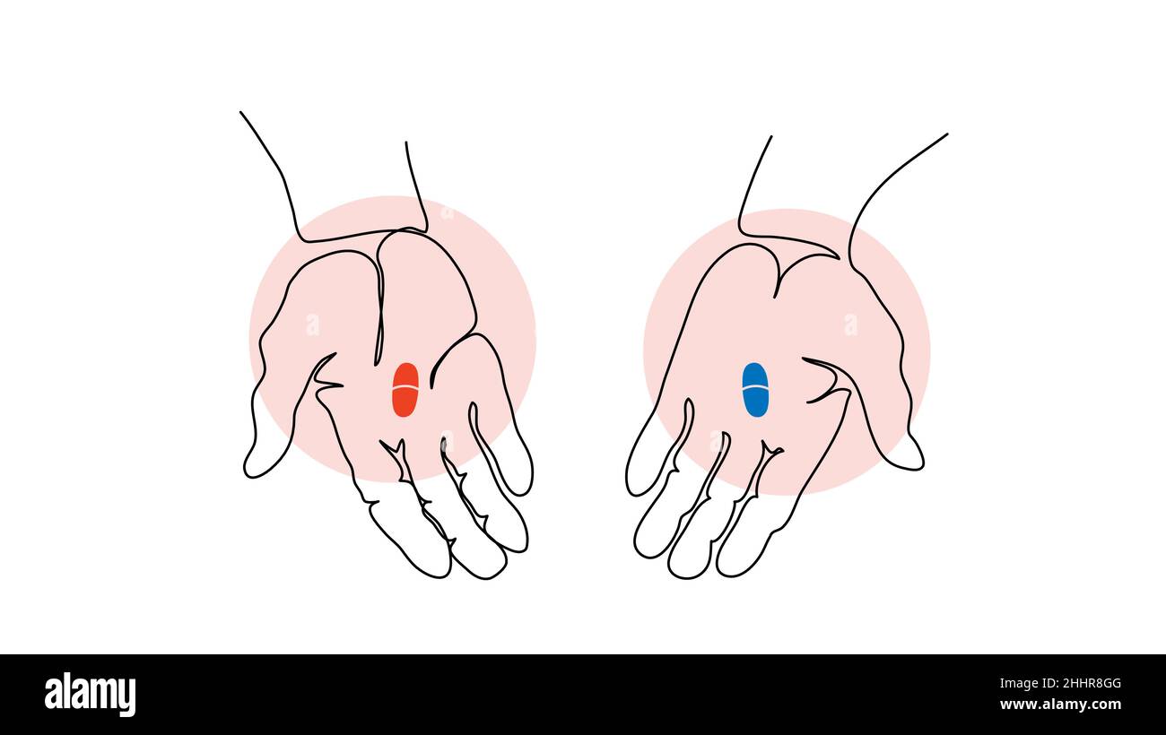Konzept der Wahl. Blaue und rote Pillen in zwei Händen wie in Matrix. Eine fortlaufende Liniengrafik Zeichnung Vektordarstellung Stock Vektor