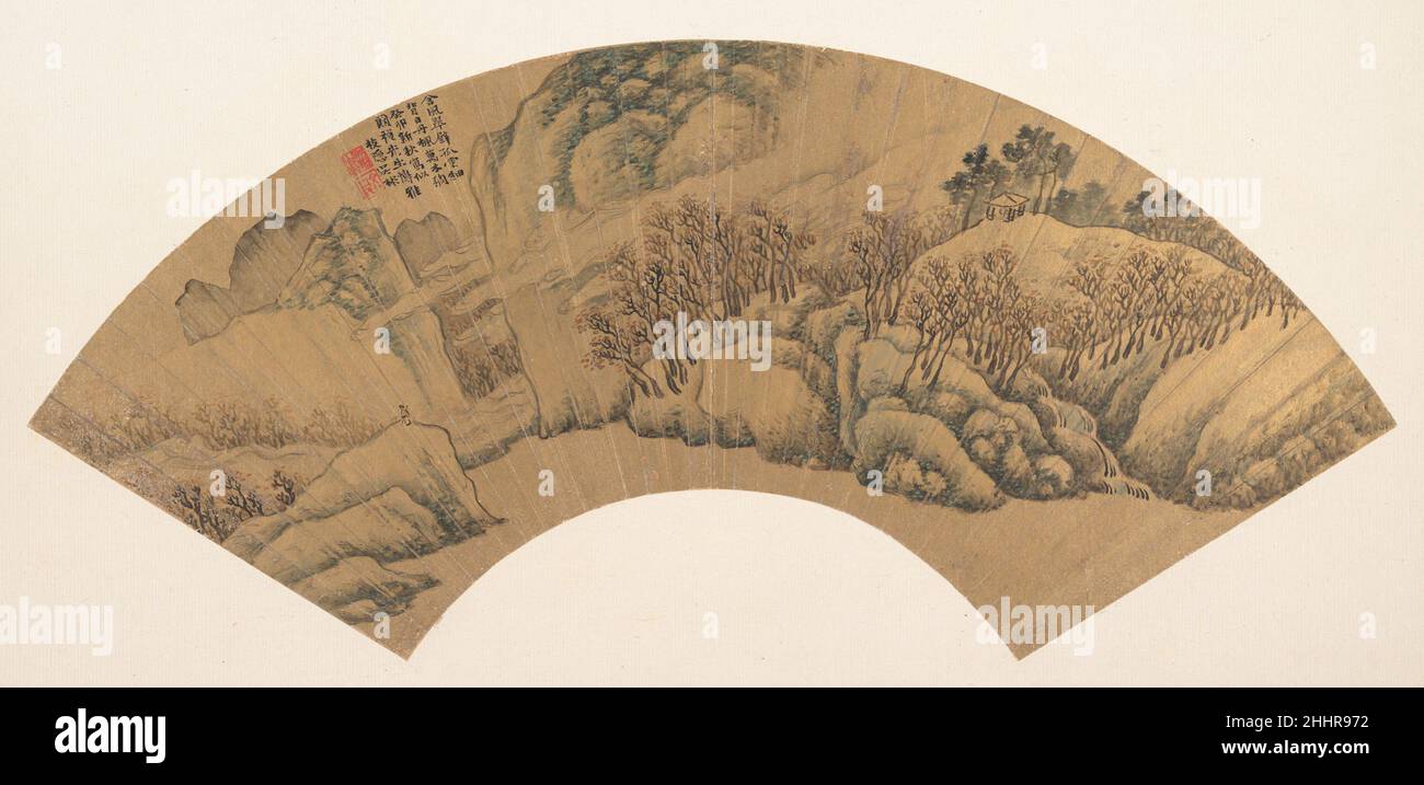 Grüne Klippe mit roten Adern 1603 Wu bin Chinese Ein Couplet des berühmten Dichters der Tang-Dynastie Du Fu war die Inspiration für diesen Fan. Wu bin schrieb den Vers oben links ein:die azurblaue Klippe fängt die Brise, eine einfache Wolke dünn, rote Ahorn, ihr Rücken zur Sonne, zehntausend Bäume dicht. – Übersetzung von Stephen Owen. Grüne Klippe mit roten Ahornbäumen 35990 Stockfoto