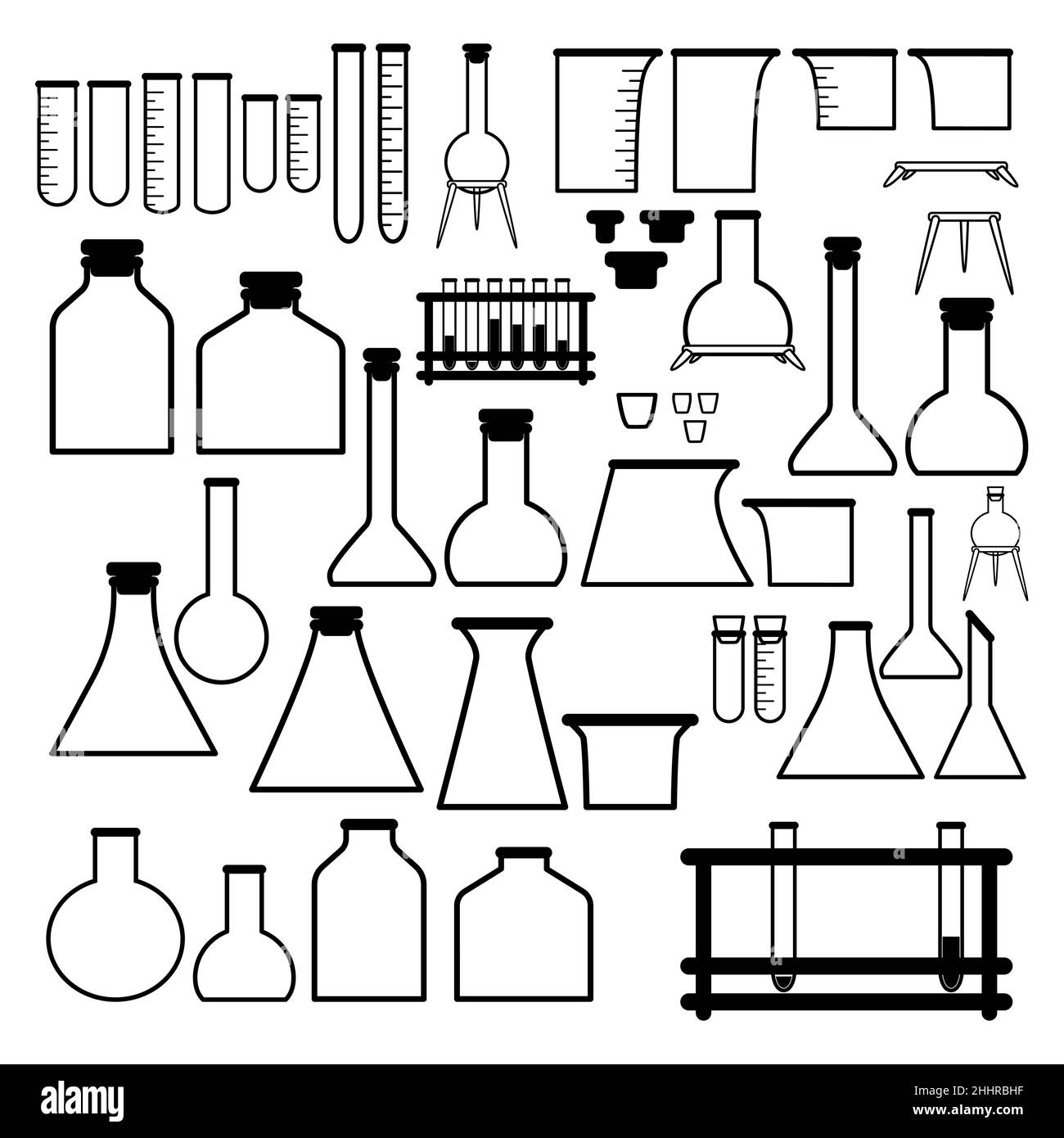 Vektorsymbole in verschiedenen Größen, Formen und Arten von chemischen Reagenzgläsern setzen minimalistische, flache Illustrationen ein. Experimentieren Sie mit chemischen Kolben für die Wissenschaft Stock Vektor