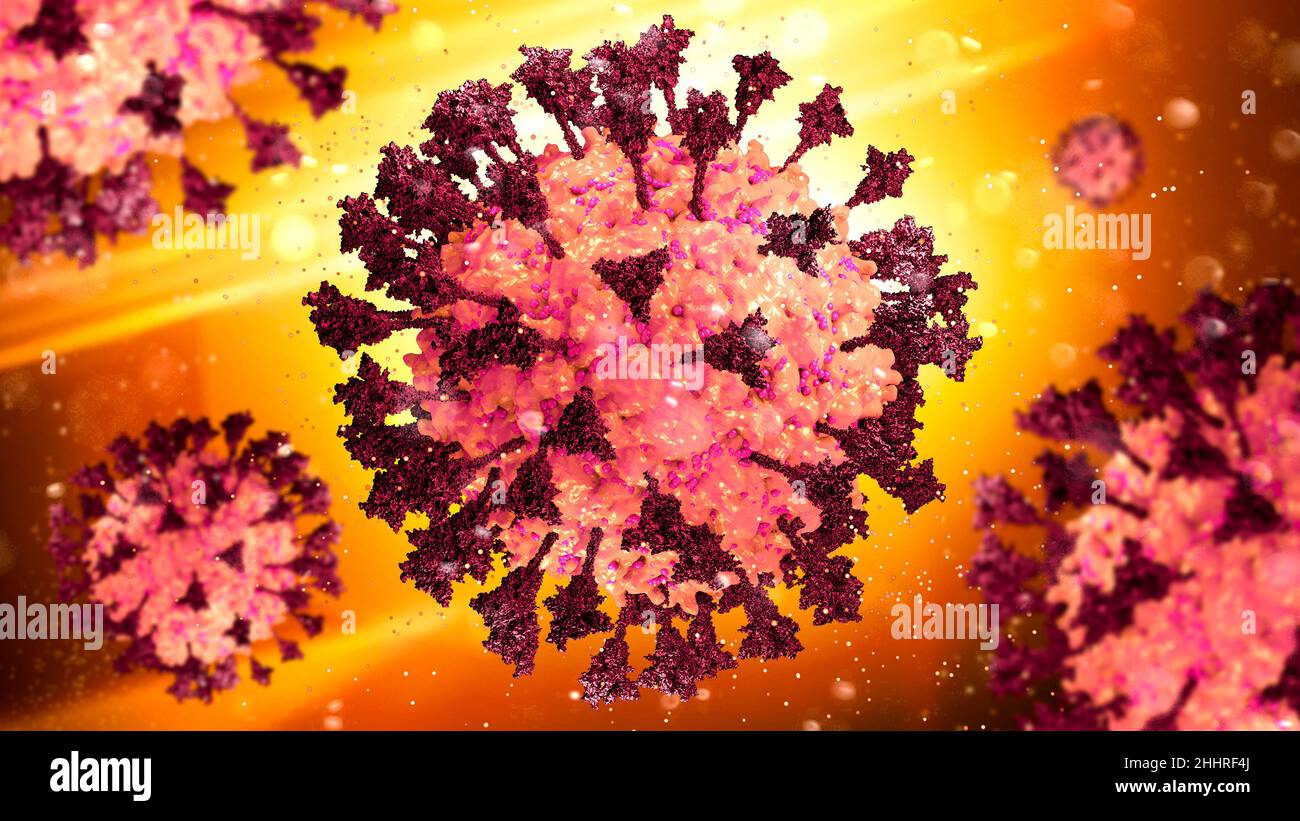 Virus, Detail unter dem Mikroskop, Mutationen und Varianten des Coronavirus, sars-Cov-2. Vergrößerung. Covid-19 Stockfoto
