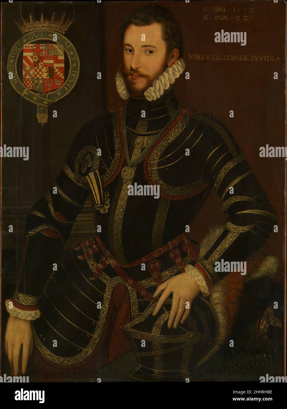 Porträt von Walter Devereux (1539–1576), erster Earl of Essex datiert 1572 der britische Maler Walter Devereux folgte 1558 seinem Großvater als Viscount Hereford und Lord Ferrers. 1568 war er der gemeinsame Wächter Mariens, der Königin der Schotten. Im folgenden Jahr half er bei der Niederung des Northern Rising und wurde zum Marschall der Armee in Leicester ernannt. Von 1569 bis zu seinem Tod war er Oberleutnant der Grafschaft Stafford. Devereux, der Königin Elisabeth I. treu, wurde 1572 als Ritter des Gewantens eingesetzt und im selben Jahr Earl of Essex gegründet. Er segelte im Sommer 1573 in einem Versuch nach Irland Stockfoto