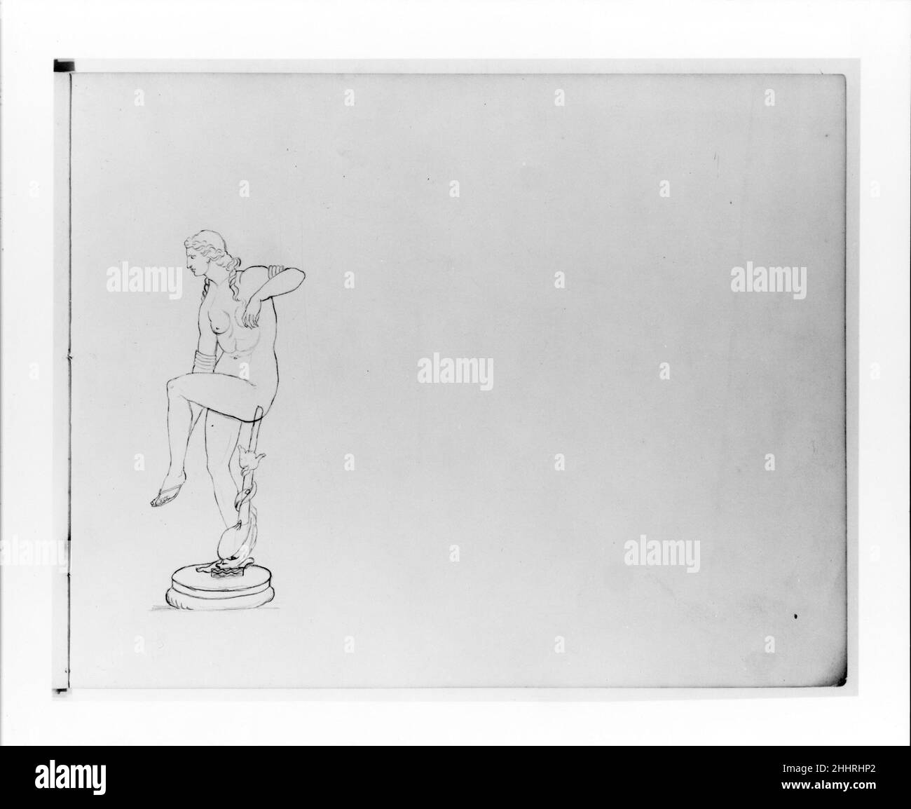 Studie einer neoklassizistischen Ganzkörperfigur (aus Skizzenbuch) ca. 1860 John Quincy Adams ward American ward, ein Student von Henry Kirke Brown, wurde bekannt als der 'Dekan der amerikanischen Skulptur'. Diese Seite ist aus einem Skizzenbuch, das einen intimen Blick auf die Arbeitsweise des Künstlers bietet. Zu den Skizzen von ward gehören mehrere klassisch beeinflusste Figuren, die sich mit amerikanischen Indianern auf dem Pferderücken vermischt haben, sowie eine Reihe von Bisons. Studie einer neoklassizistischen Ganzkörperfigur (aus Skizzenbuch). John Quincy Adams Ward (Amerikaner, Urbana, Ohio 1830–1910 New York). Amerikanisch. Ca. 1860. Graphit o Stockfoto