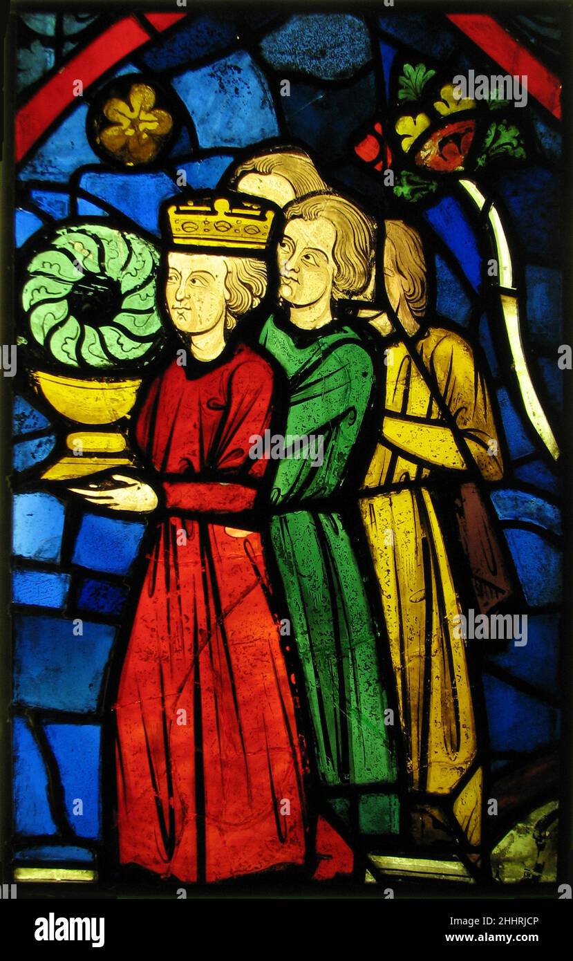 König Ludwig IX. Trägt die Dornenkrone ca. 1245–48 Französischer König Ludwig IX. Von Frankreich (r. 1226-70), später Saint Louis, unternahm zwei Kreuzzüge ins Heilige Land. Von seinem Cousin, dem lateinischen Kaiser von Konstantinopel Baldwin II., erwarb er Reliquien der Passion Christi, vor allem ein Stück des wahren Kreuzes und auch die Dornenkrone. Er brachte diese Reliquien nach Paris und installierte sie in der Sainte-Chapelle, einer Kirche, die er für sie gebaut hatte. Nach einer zeitgenössischen Chronik hielt Louis auf dem Weg nach Paris in Sens an, wo die Dornenkrone über Nacht in der Kathedrale aufgestellt wurde. Th Stockfoto