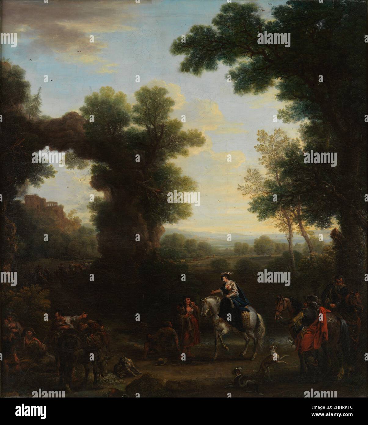 Klassische Landschaft mit Zigeunern 1748 John Wootton Dieses Gemälde, signiert und datiert 1748, wurde als Übermantel für den Speisesaal des Kirtlington Park, gebaut von Sir James Dashwood, angefertigt. In einem Buch, das er betitelte 'Ein Generalkonto des Geldes, das für mein neues Haus aufgewendet wurde, und die Arbeiten darüber, begonnen 12: September: 1741' [Fotokopie in den Abteilungsakten], zeichnete Dashwood eine Zahlung am 27. März 1749 an Wootton auf, vermutlich für dieses Bild. Der Betrag ist groß, über fünfzig Pfund, was darauf hinweist, dass Woottons Popularität unter dem Adel es ihm ermöglichte, seine Preise so festzulegen, wie er es wollte. Ein Aquarell von 1876 b Stockfoto