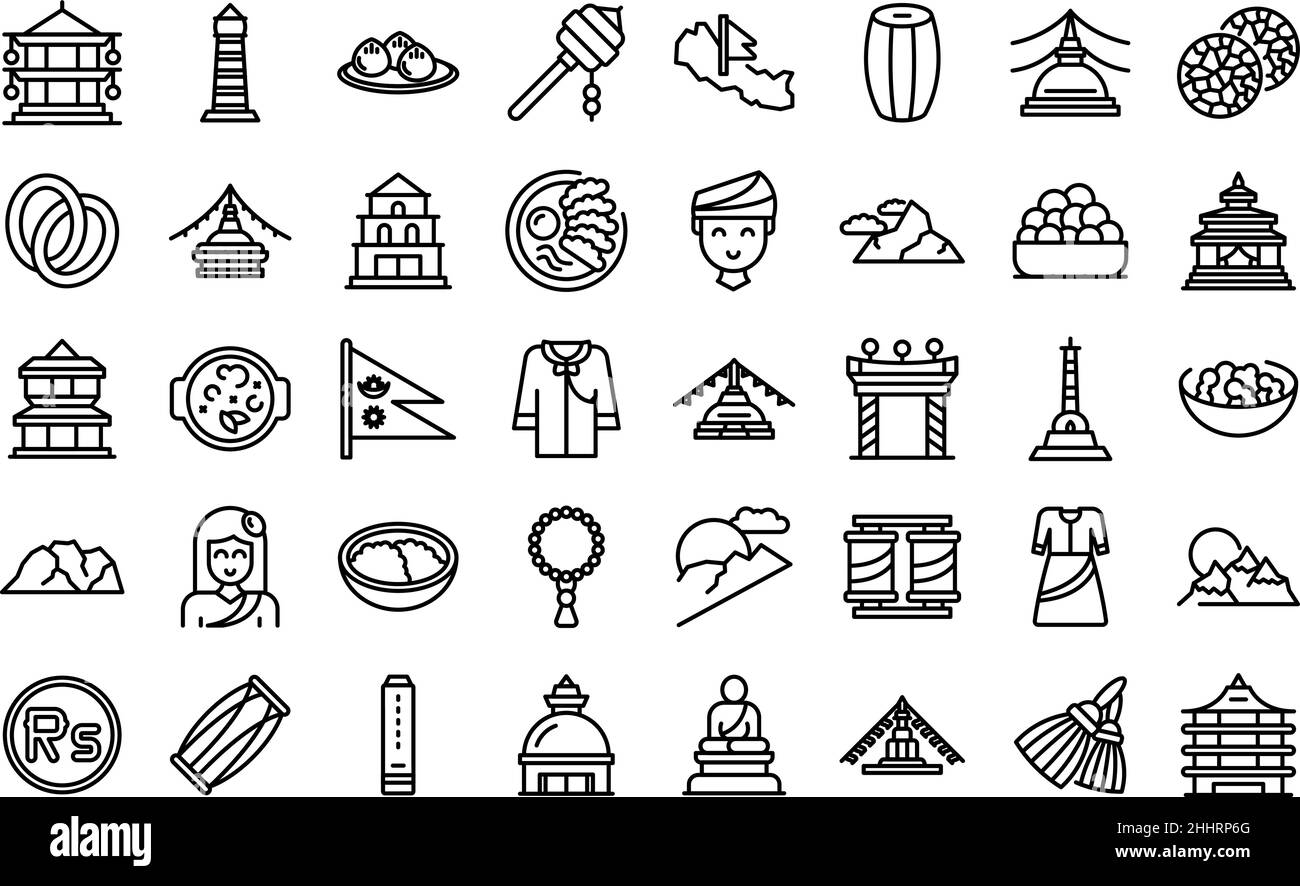 Kathmandu-Symbole setzen einen Umrissvektor Wahrzeichen Nepals. Skyline für den Tourismus Stock Vektor