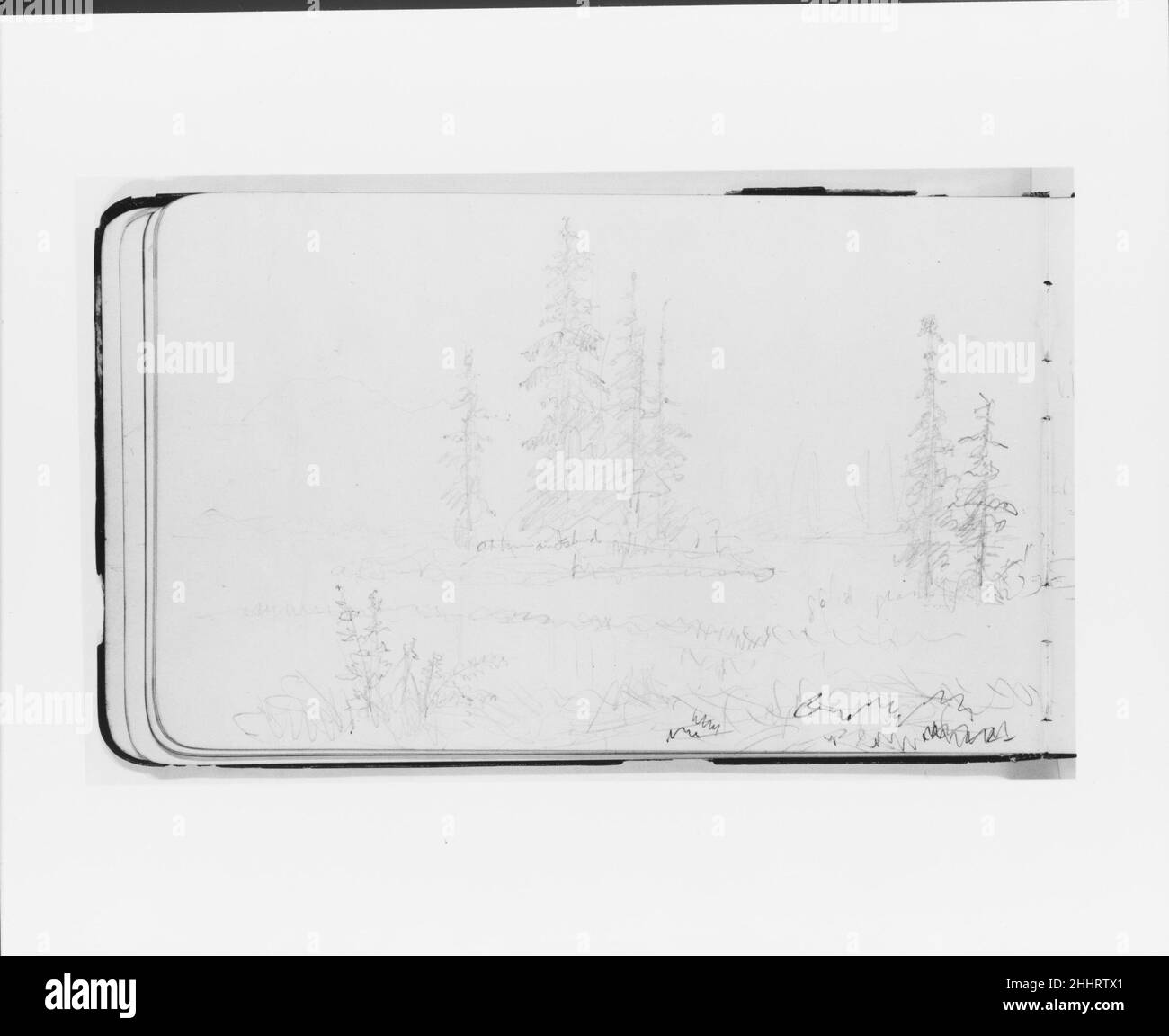 Berglandschaft mit Fluss (Stabi?), Bäumen und Insel (aus Skizzenbuch) 1890 Albert Bierstadt American. Berglandschaft mit Fluss (Stabi?), Bäumen und Insel (aus Skizzenbuch). Albert Bierstadt (Amerikaner, Solingen 1830–1902 New York). Amerikanisch. 1890. Graphit auf webtem Papier Stockfoto