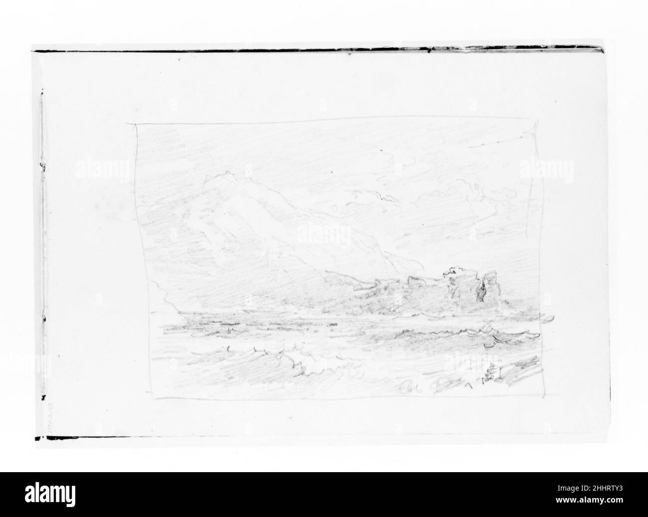 Mountains, Sea, and Sky (from Sketchbook VII) 1886 William Trost Richards American Dieses Skizzenbuch enthält 46 Zeichnungen in Graphit und Tinte, hauptsächlich von Neu-England-Landschaften und Meeresmotive. Die Ergänzung der Sammlung dieses und eines anderen Skizzenbuches (1992,2.2) von Landschaftsmotive des pazifischen Nordwestens durch Richards vervollständigt praktisch die Palette der grafischen Errungenschaften des Künstlers. Die Bücher sind bemerkenswert sowohl für hochgearbeitete Kompositionen als auch für Seiten mit schnellen Notizen, die wahrscheinlich bei Spaziergängen durch das Land entstanden sind. Die Seiten zeugen von Richa Stockfoto