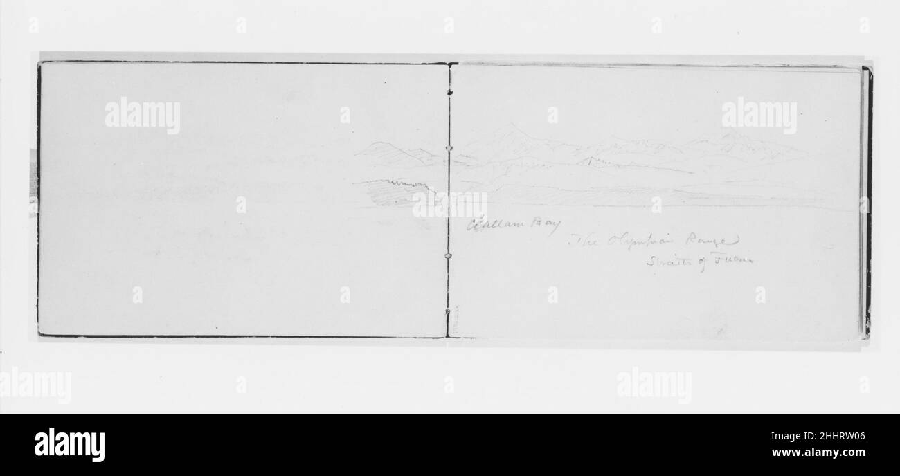 Clallam Bay, Olympian Range, Straits of [Juan de] Fuca (aus Sketchbook X) 1885 William Trost Richards American Dieses Skizzenbuch enthält 51 Zeichnungen in Graphit und Tinte, hauptsächlich von Landschaften des pazifischen Nordwestens und Meeresmotive. Die Ergänzung der Sammlung dieses und eines weiteren Skizzenbuches (1992,2.1) von New England und Pennsylvania über Landschaft und Meeresmotive durch Richards ergänzt die Palette der grafischen Leistungen des Künstlers nahezu. Die Bücher sind sowohl für hochfertige Kompositionen als auch für Seiten mit schnellen Notizen bemerkenswert, die wahrscheinlich während der st Stockfoto