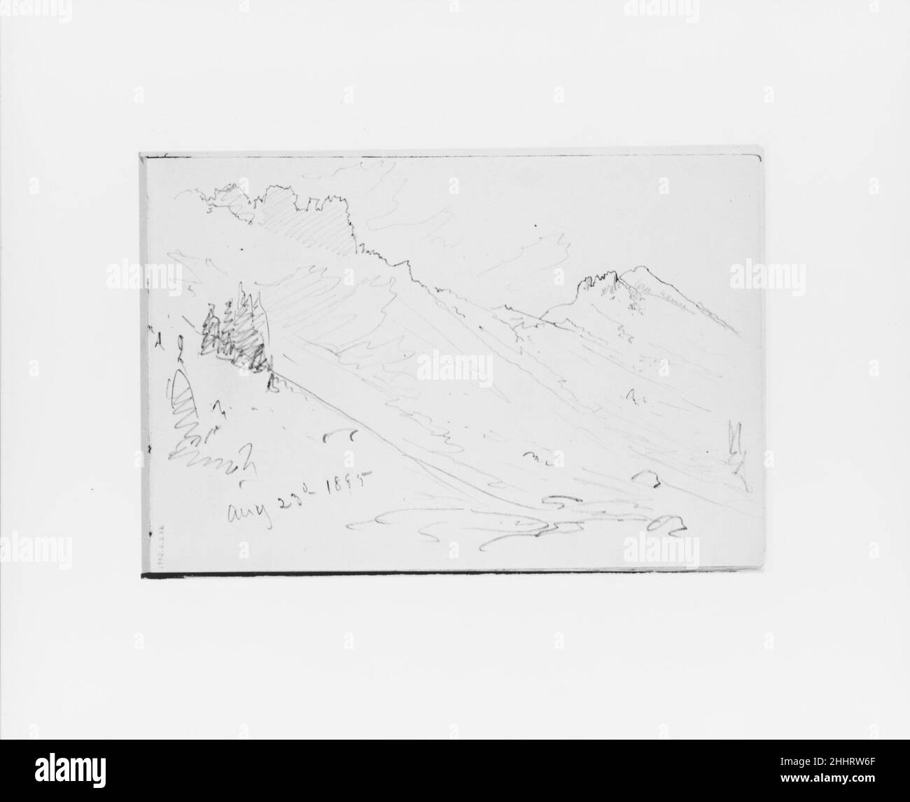 Mountain Slope Aug 23 1885 (aus Sketchbook X) 1895 William Trost Richards American Dieses Skizzenbuch enthält 51 Zeichnungen in Graphit und Tinte, hauptsächlich von Landschaften des pazifischen Nordwestens und Meeresmotive. Die Ergänzung der Sammlung dieses und eines weiteren Skizzenbuches (1992,2.1) von New England und Pennsylvania über Landschaft und Meeresmotive durch Richards ergänzt die Palette der grafischen Leistungen des Künstlers nahezu. Die Bücher sind bemerkenswert sowohl für hochfertige Kompositionen als auch für Seiten mit schnellen Notizen, die wahrscheinlich während der Spaziergänge durch das Land gemacht werden Stockfoto