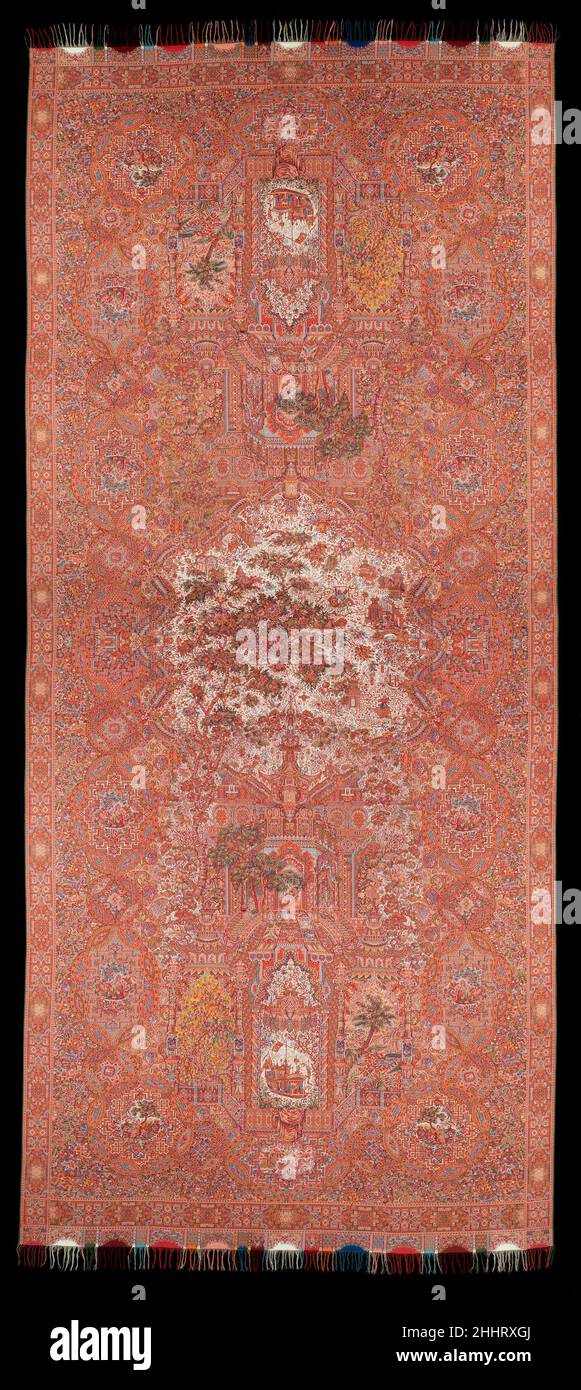 Schal ca. 1855 Anthony Berrus zugeschrieben als das Stanzkartensystem des Jacquard-Webstuhls Anfang des 19th. Jahrhunderts perfektioniert wurde, war eine der Hauptaufgaben, auf die es angewendet wurde, das Weben von Paisley- oder Cashmere-Schals, von denen einige für die Ausstellung gemacht wurden. Solche Ausstellungsschals hatten häufig wenig mit gängigen Beispielen zu tun, die das Motiv "Kegel" oder "Boteh" trugen, sondern sie zeigten naturalistische botanische Motive oder exotische Motive, die mit tierischen und menschlichen Formen bevölkert waren.die Zusammensetzung und Komplexität dieses Schals deuten darauf hin, dass es als Ausstellungsstück konzipiert wurde, p Stockfoto