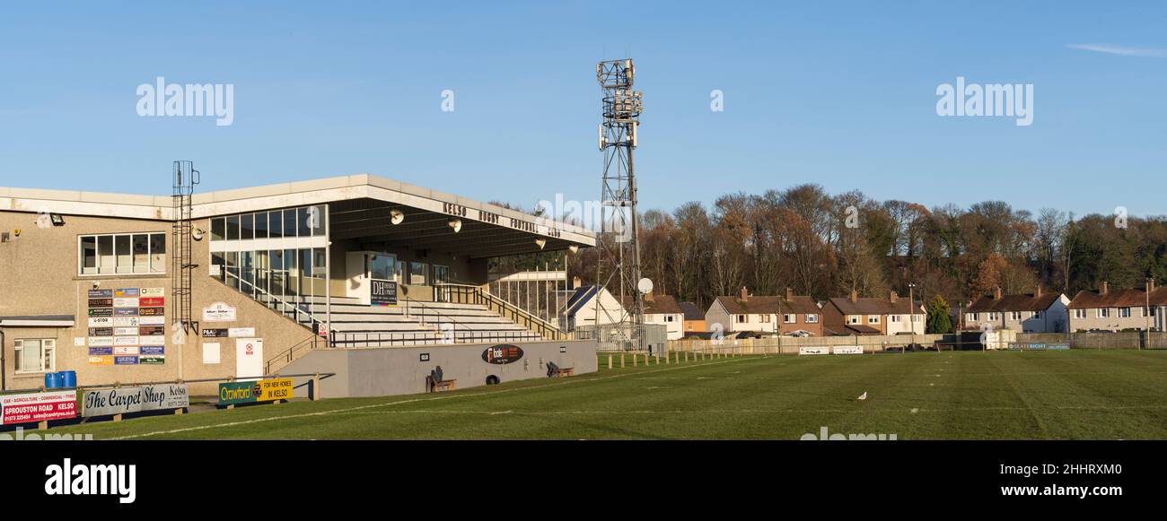 Poynder Park, Heimstadion des Kelso Rugby Club in den Scottish Borders, Großbritannien. Stockfoto