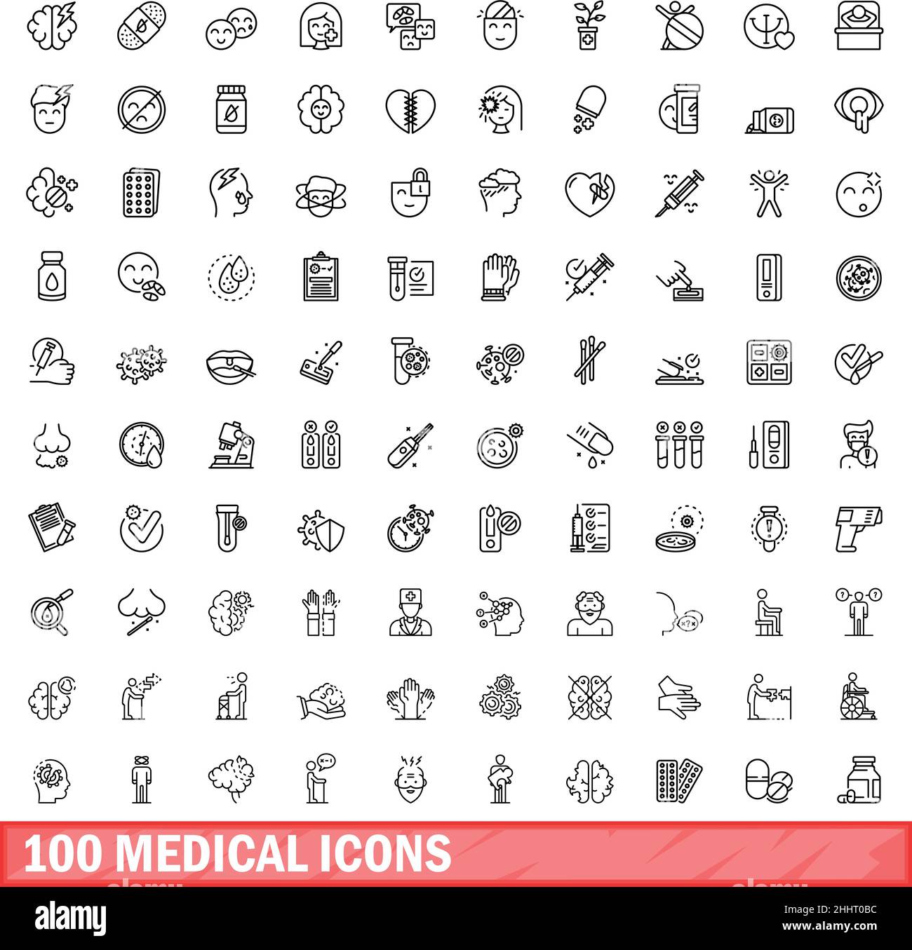 100 medizinische Symbole eingestellt. Skizzieren Sie die Darstellung von 100 medizinischen Symbolen, Vektorset isoliert auf weißem Hintergrund Stock Vektor