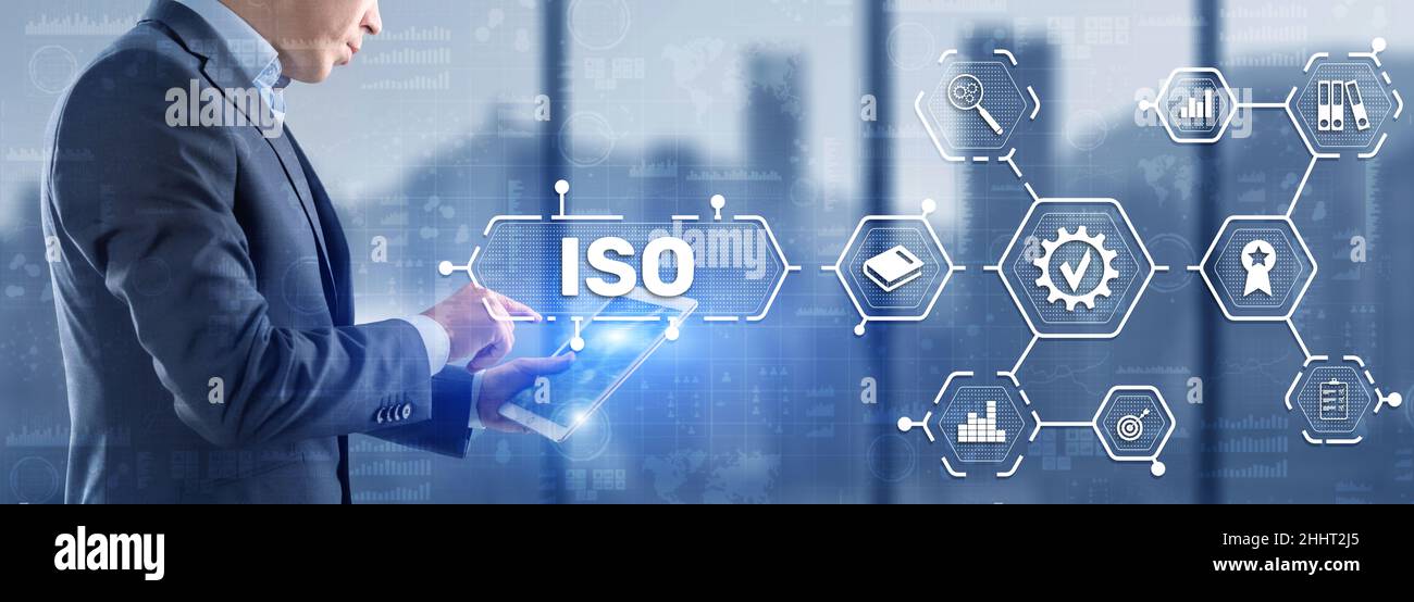 ISO-Zertifizierungskonzept Standard Qualitätskontrolle. Internationaler Informationssicherheitsstandard. Stockfoto