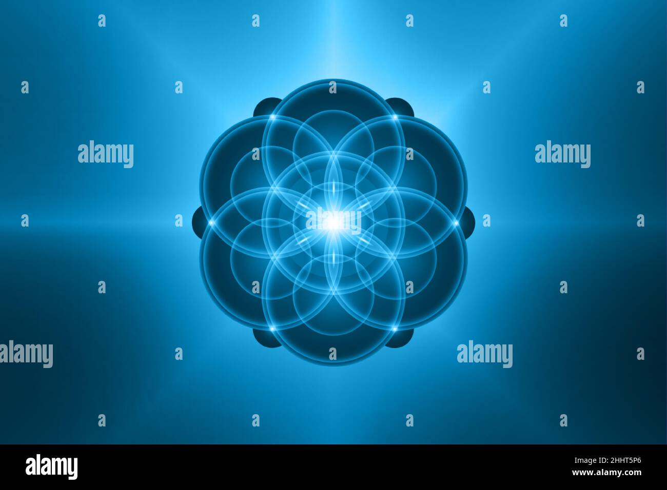 Samen des Lebens, spirituelle Heilige Geometrie, Blume des Lebens, Lotus Neonlicht-Logo Symbol für Harmonie und Balance, leuchtende geometrische Ornamente, Yoga, blau Stock Vektor