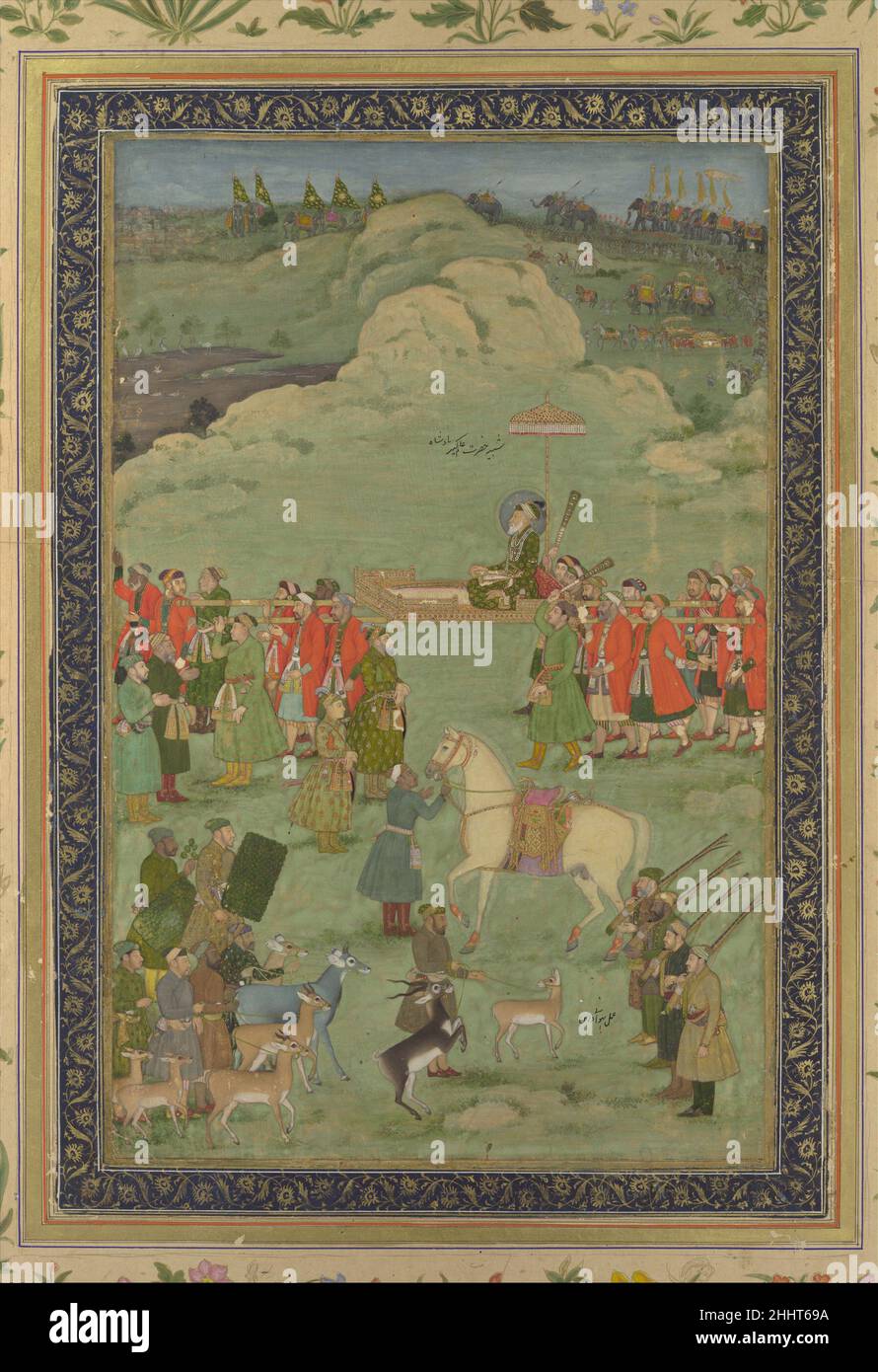 Der Kaiser Aurangzeb trug auf einem Palanquin ca. 1705–20 Gemälde von Bhavanidas Kaiser Aurangzeb (r. 1656–1707) und seine königliche Jagdgesellschaft sind hier in einem der letzten großen kaiserlichen Bilder der Mogulzeit zu sehen. Die Vorbereitungen für die Jagd laufen, wie aus der Reihe der Jäger im Vordergrund und anderen, die Hirsche als Köder führen oder belaubte Bildschirme für die Tarnung tragen, ersichtlich wird. Bhavanidas, Maler dieser Szene, arbeitete zuerst am Mughal Gericht und dann später zum Rajput Gericht von Kishangarh, wo er sein herausragender Künstler wurde.. Der Kaiser Aurangzeb trug einen Palanquin Stockfoto