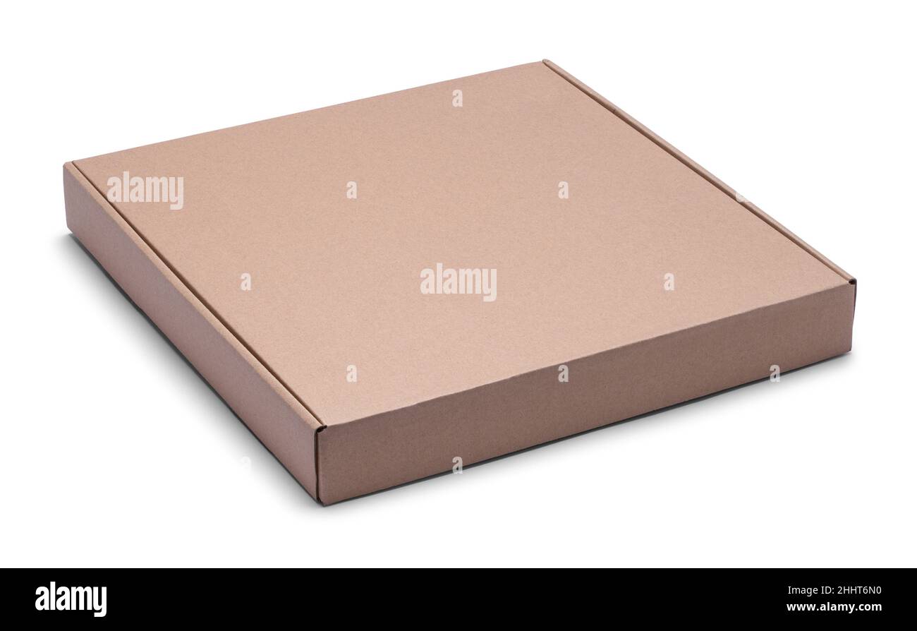 Geschlossene flache braune Schachtel aus Karton, auf Weiß geschnitten. Stockfoto