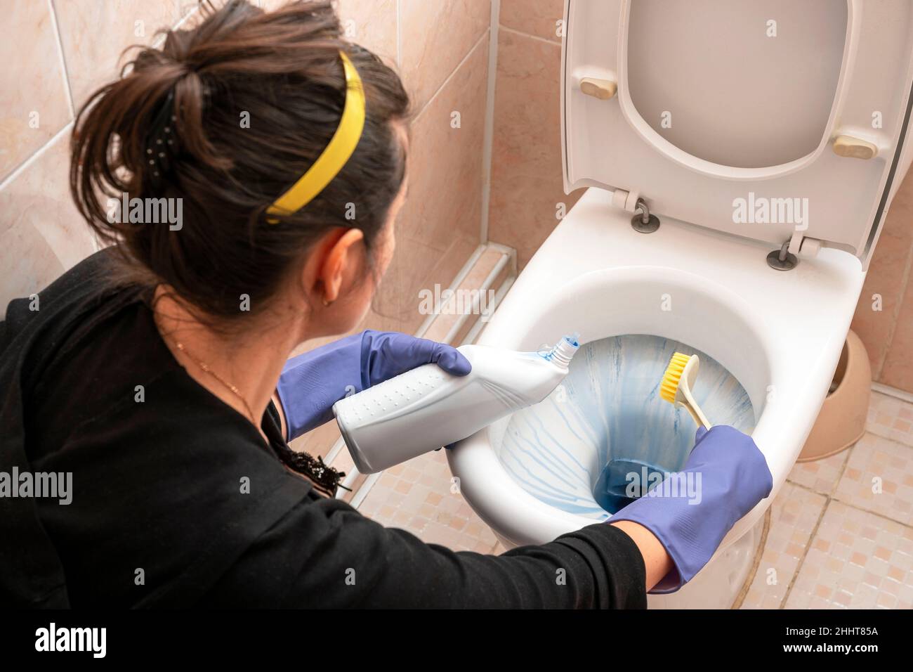 Eine junge Frau reinigt die Toilette im Badezimmer mit Waschmittel, einer  Bürste und Gummihandschuhen. Reinigungs- und Sauberkeitskonzept. Damenhände  reinigen einen Stockfotografie - Alamy