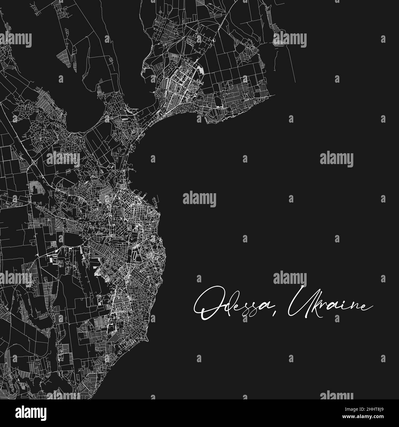 Odesa Odessa – Stadtplan in Schwarz-Weiß. Vektorgrafik, Odessa Karte Graustufen Kunstposter. Straßenkarte mit Straßen, Ansicht der Metropolregion. Stock Vektor