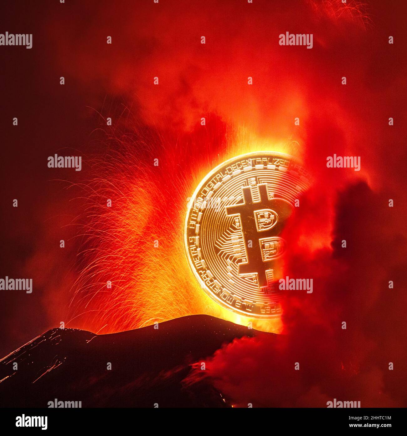Bitcoin als Symbol der Macht in Verbindung mit unserer Erde Stockfoto