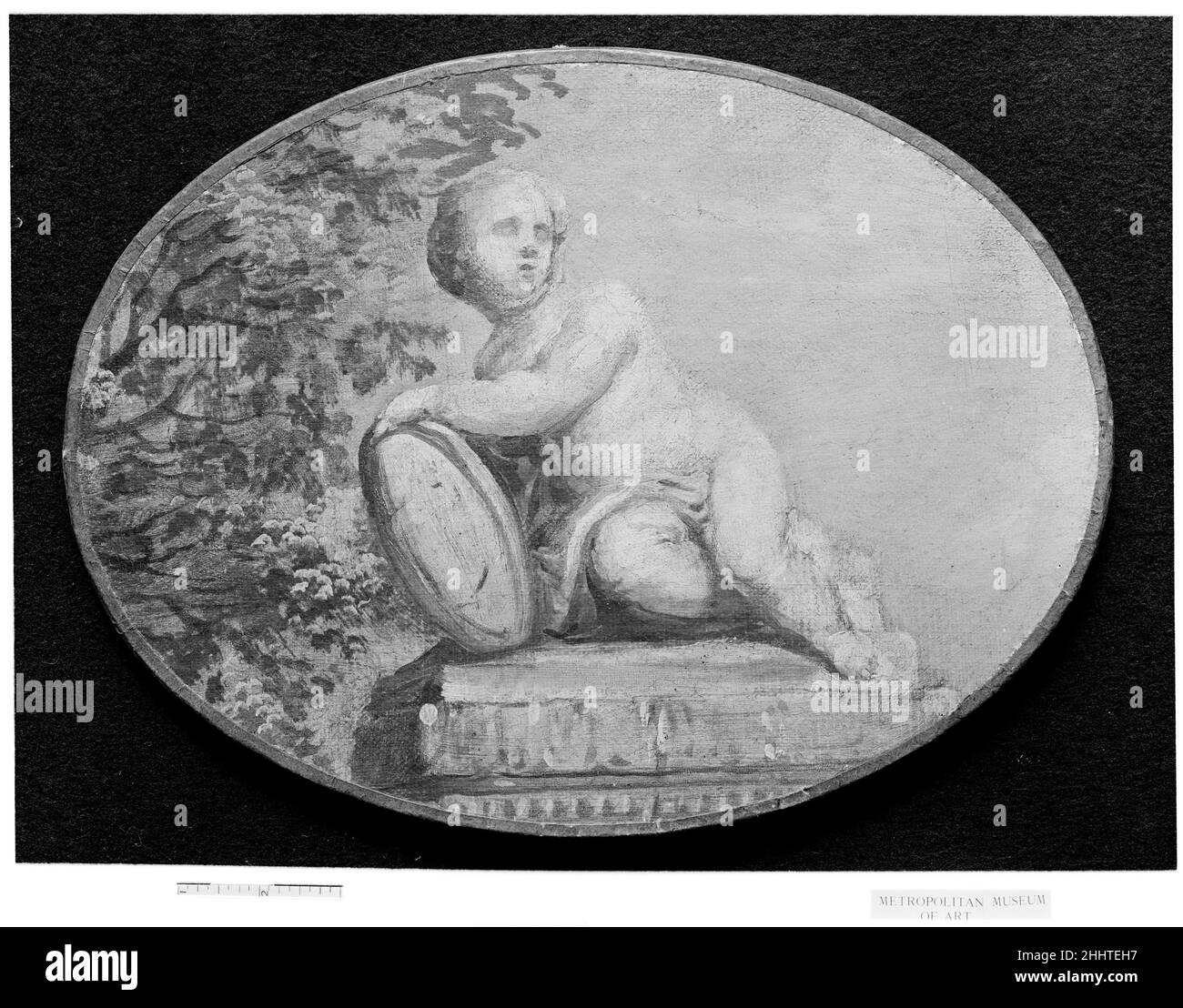 Putto auf einem Sockel vor dem Hintergrund des französischen Malers Französisch aus dem 18th. Jahrhundert. Putto auf einem Sockel vor dem Hintergrund von Grün. Französischer Maler , 18th Jahrhundert. Französisch. 18th Jahrhundert. Öl auf Leinwand, Grisaille. Gemälde-Dekorativ Stockfoto