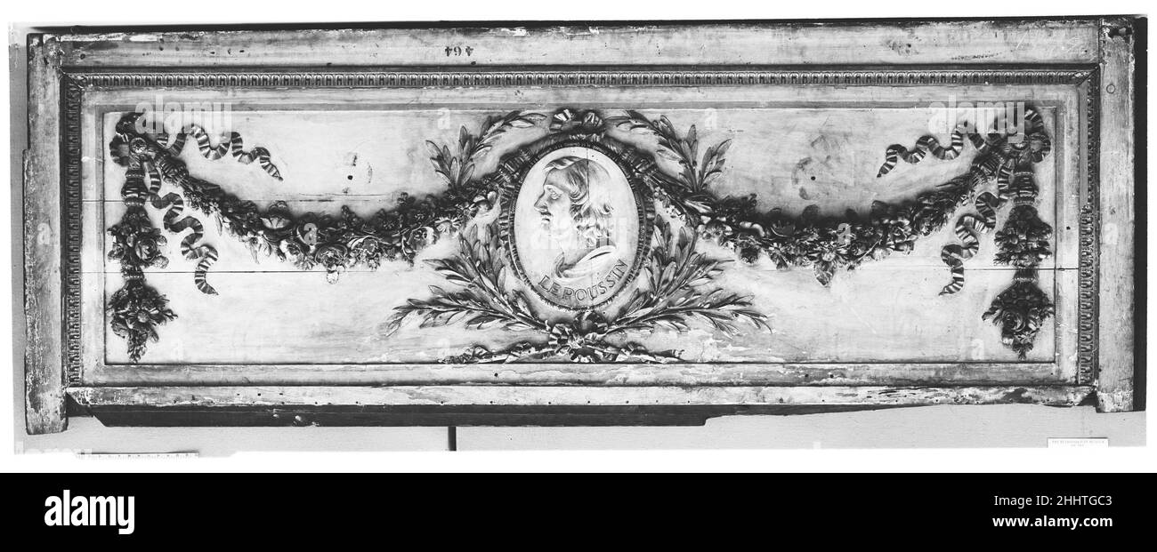 Tafel für einen dekorativen Fries mit Poussin-Porträt (aus einem Sechsersatz) ca. 1771 Französische einer von neun Tafeln, die ursprünglich einen dekorativen Fries im Kabinett intérieur von Étienne-François, duc de Choiseul (1719-1785) an seinem château von Chanteloup bildeten. In einer anonymen Zeichnung aus ca. Im Jahr 1771 sind sechs der Fries-Tafeln im Privatkabinett des Herzogs zu sehen, einem der am meisten dekorierten Räume des Schlosses, das über großen Gemälden von Giovanni Paolo Panini platziert ist. Zusammen die Gemälde und geschnitzten Fries Panels, jeweils mit einem Medaillon eines gefeierten italienischen Künstlers eingerahmt von gebundenen Zweigen Stockfoto