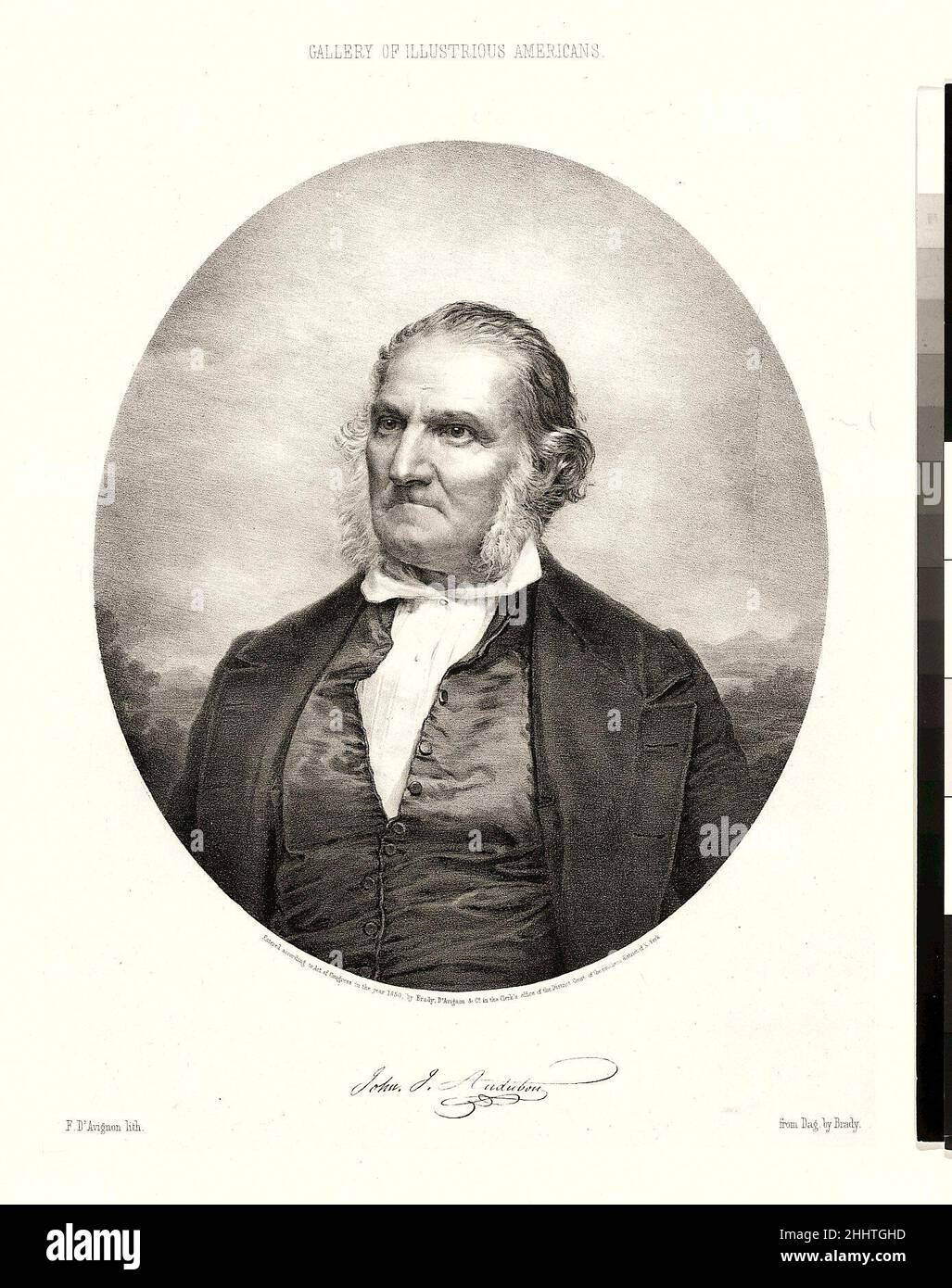 John James Audubon (die Galerie illustrer Amerikaner) 1850 Francis d' Avignon Französisch. John James Audubon (die Galerie der illustren Amerikaner). Francis d' Avignon (Französisch, 1813–1861, aktives Amerika 1840–60). 1850. Lithographie nach einem Daguerreotyp. Brady, D'Avignon und Company (New York, NY). John James Audubon (Amerikaner (geboren in Haiti), Les Cayes (Saint-Domingue) 1785–1851 New York). Ausdrucke Stockfoto