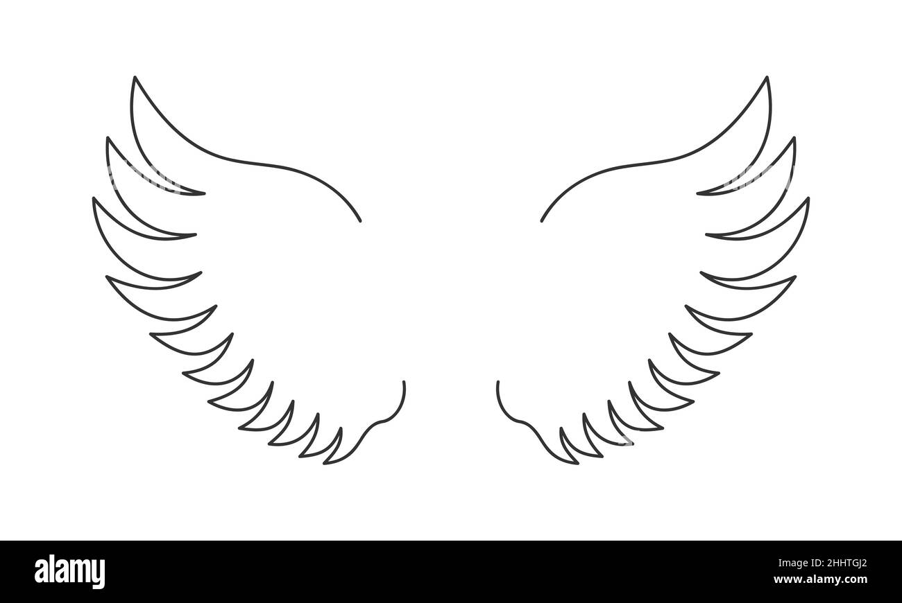 Fliegende Engel oder Vogelflügel isoliert auf weißem Hintergrund. Einfaches Design im Outline-Stil. Freiheit oder Geist Konzept. Vektorgrafik. Stock Vektor
