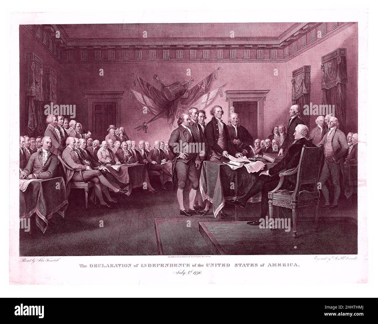 The Declaration of Independence, July 4, 1776 1823 Asher Brown Durand American Diese Gravur gibt Trumbulls berühmtes Gemälde wieder, jetzt in der Yale University Art Gallery, New Haven. Durand wurde von Trumbull beauftragt, die Platte für 3000 Dollar zu gravieren. Obwohl der unten eingravierte Text ein Datum vom 20th. Dezember 1820 anführt, dauerte die Fertigstellung drei Jahre, und es wurde erst Ende 1823 veröffentlicht.Trumbull wählte Durand zum Teil, weil er ein amerikanischer Mitbürger war, Und zum Teil, weil er die Hälfte des Preises berechnet hat, der vom britischen Kupferstecher James Heath zitiert wurde. Am 20. Oktober 1823, Trumbull Stockfoto