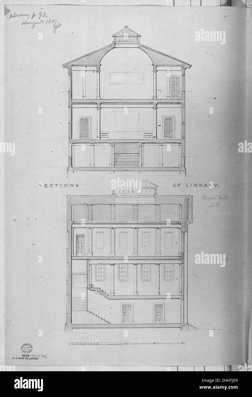 University of North Carolina, Chapel Hill, Student Libraries (zwei Abteilungen) 1850–58 Alexander Jackson Davis American. University of North Carolina, Chapel Hill, Student Libraries (zwei Abschnitte). Alexander Jackson Davis (Amerikaner, New York 1803–1892 West Orange, New Jersey). 1850–58. Aquarell, Tinte und Graphit Stockfoto