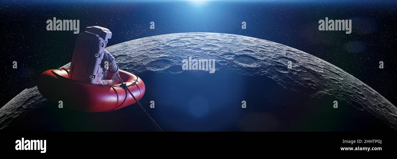 astronaut im Gummiboot im Orbit des Mondes (3D Rendering) Stockfoto