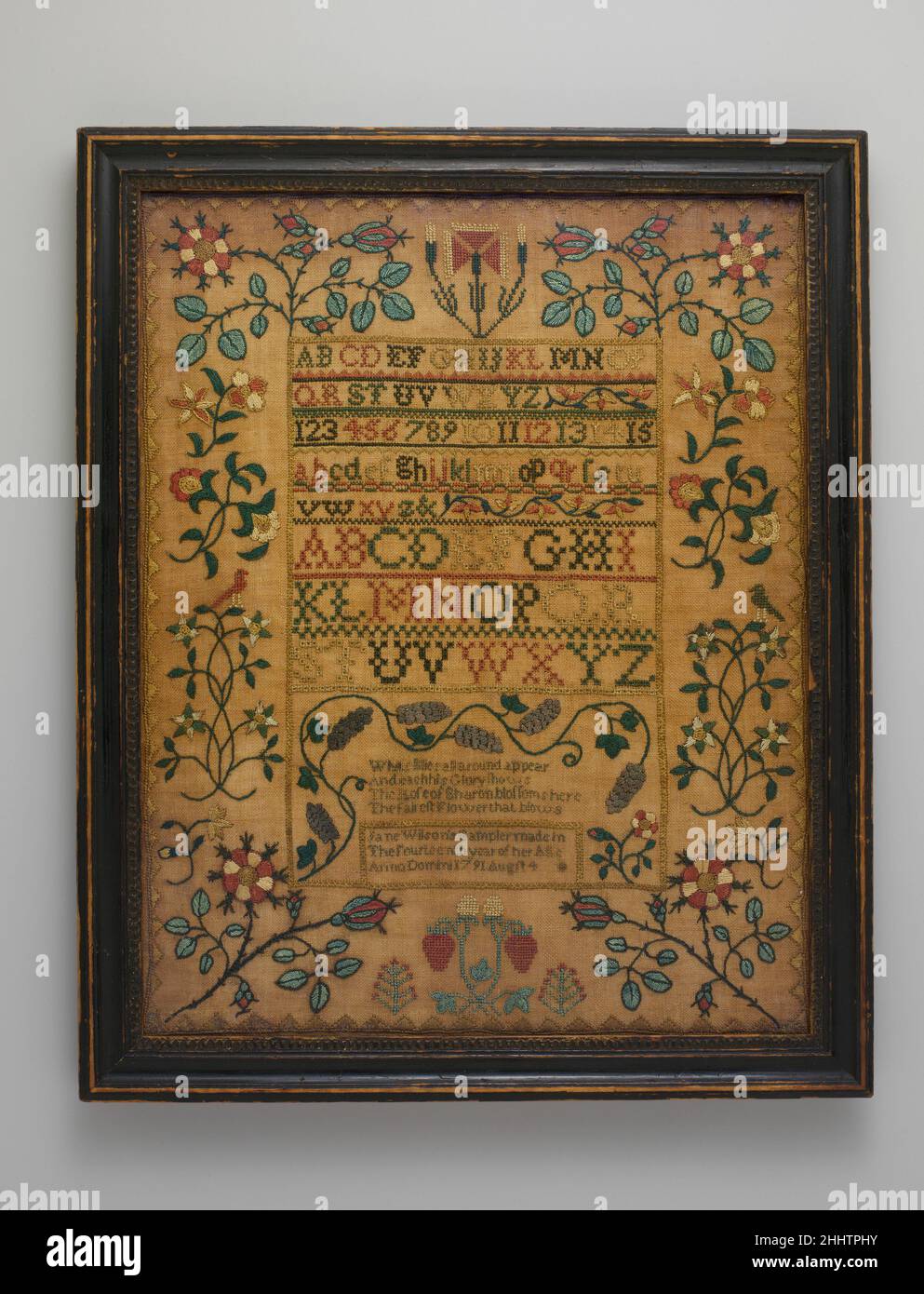 Bestickter Sampler 1791 Jane Wilson. Bestickter Sampler 20487 Stockfoto