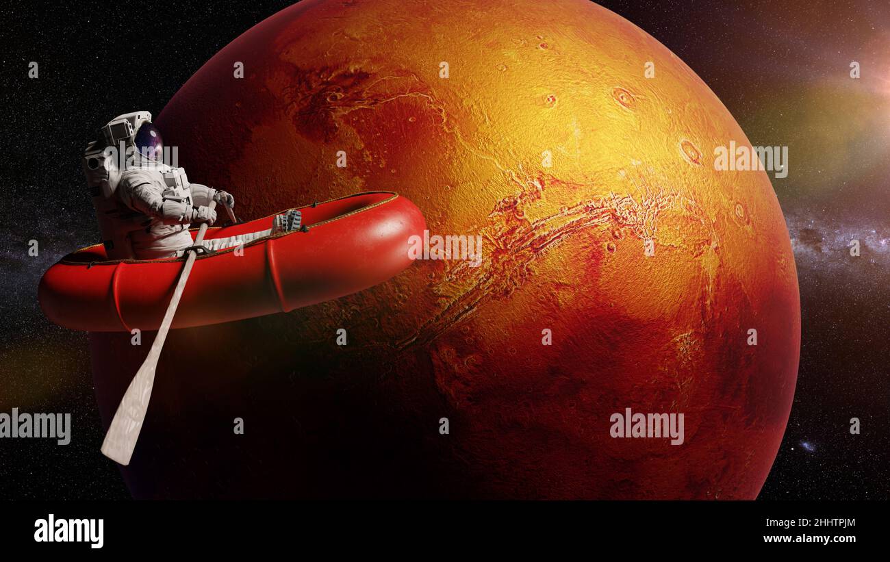 astronaut im Gummiboot in der Umlaufbahn des Planeten Mars (3D Rendering) Stockfoto