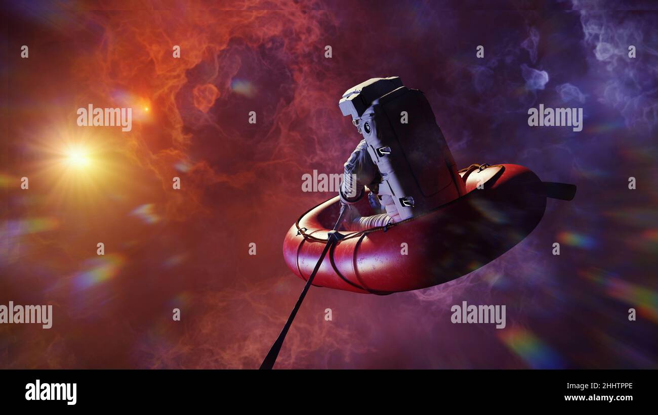 astronaut im Gummiboot, surrealer Weltraum-Hintergrund-Banner Stockfoto