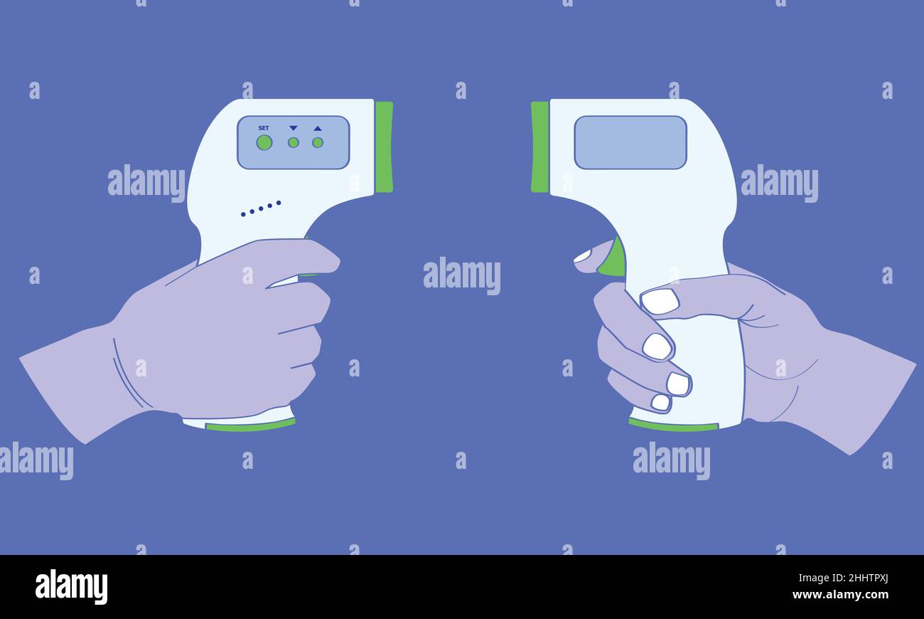 Hand hält das medizinische Infrarot-Stirn-Thermometer 2 Seitenansicht für erkannte Coronavirus-Krankheit covid-19. vektor-Abbildung EPS10 Stock Vektor