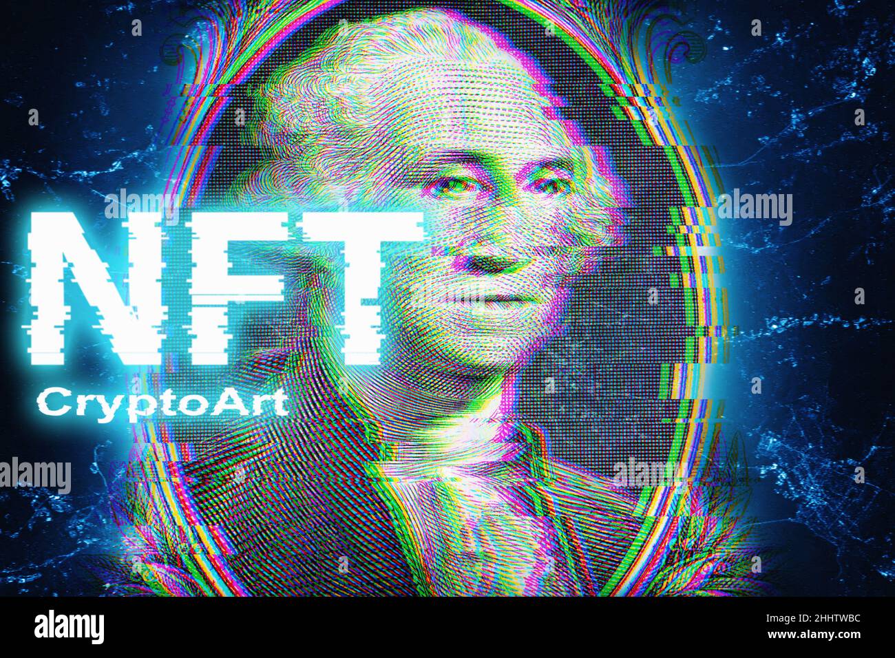 NFT Crypto Art - Text auf Dollar-Hintergrund mit Glitch-Effekt. Kryptografisches Netzwerk und nicht fungible Token-Konzepte. Stockfoto