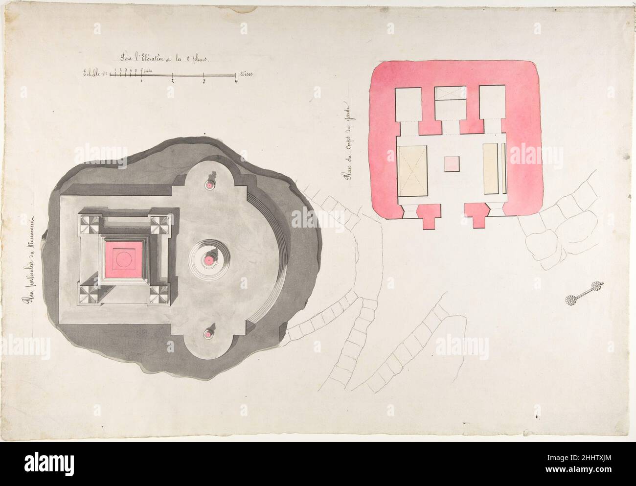 Projekt für das Monument de la Montagne, Orléans ca. 1794 Claude Mathieu Delagardette Französisch. Projekt für das Monument de la Montagne, Orléans. Claude Mathieu Delagardette (Französisch, 1765–1805). Ca. 1794. Stift und schwarze Tinte, Pinsel und grau, rosa und hellgelb waschen, über Graphit Unterzeichnung. Zeichnungen Stockfoto