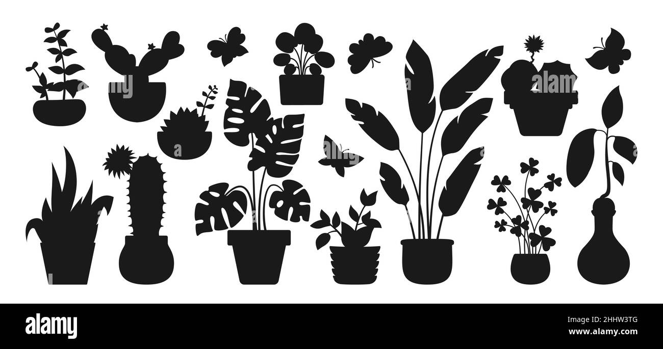 Hauspflanze im Topf, dekorative Silhouette gesetzt. Exotische Zimmerpflanzen Blumentopf für den Innenbereich. Botanisches Haus innen blühende Pflanzen, Blume, Kaktus, Monstera, Aloe, Keramik. Isolierter flacher Vektor Stock Vektor