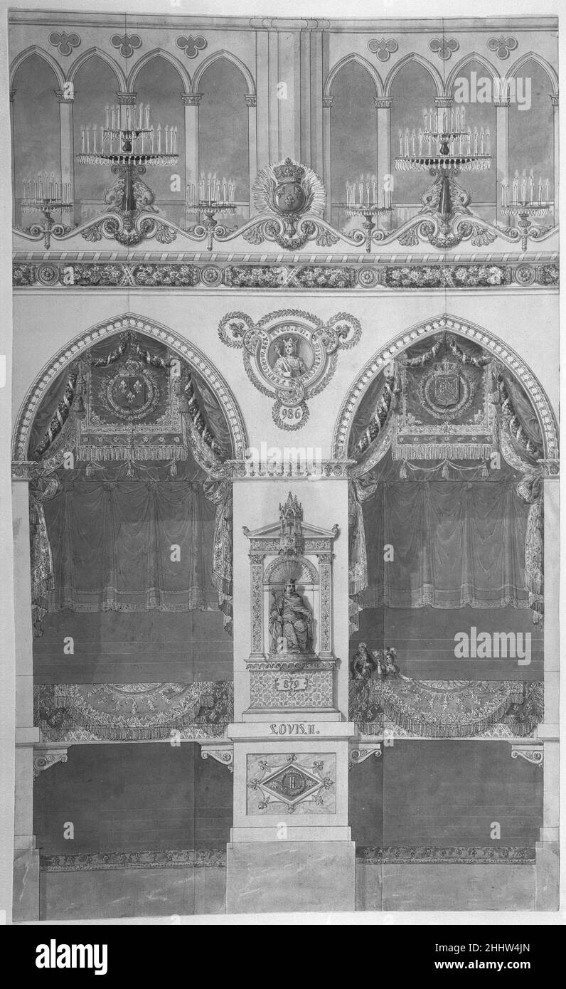 Innenansicht der Kathedrale von Reims mit einer Statue von König Louis II. 1815 Charles Percier Französisch Diese Folie zeigt eine Erhöhung eines Teils des Innenraums der Kathedrale von Reims mit einer Statue von König Louis II. Dieser Entwurf stellt eine von sechs Zeichnungen dar, die die einzige Dokumentation der Pläne zur Krönung von König Ludwig XVIII bilden, die nie stattgefunden hat. Das Ereignis wurde wahrscheinlich verzögert und schließlich aufgrund des prekären Zustands der französischen Monarchie und der sinkenden Gesundheit des Königs entlassen. Darüber hinaus war die Idee einer königlichen Krönung, die von der französischen katholischen Kirche verliehen wurde, zu einem Poin geworden Stockfoto