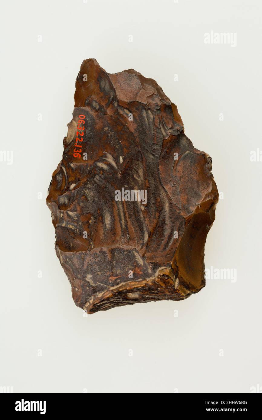 Biface, allgemein als Handaxt bezeichnet ca. 400.000–240.000 v. Chr. Niederpaläolithische Periode oft als Handaxen bezeichnet, wurden Bifaces von den Hominin-Vorgängern des Menschen während der Niederpaläolithischen Periode gemacht. Obwohl Bifaces in vielen Formen und Größen zu finden sind, wurde der Grundwerkzeugtyp sehr lange verwendet und ist in ganz Afrika, Asien und Europa zu finden. Anstatt ein Werkzeug für eine bestimmte Aufgabe zu sein, waren Bifaces eine Art Multiwerkzeug, das auf verschiedene Arten wie Hacken, Schneiden und Schaben eingesetzt werden konnte. Darüber hinaus könnten die großen Werkzeuge als tragbare Quelle für dienen Stockfoto