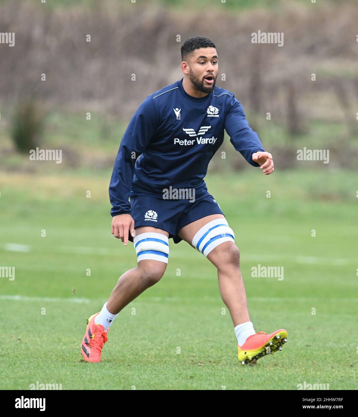 Oriam Sports Centre Edinburgh.Scotland.UK.25th Jan 21 Guinness Six Nations Rugby: ScotlandÍs Andy Christie während der Trainingseinheit der Rugby-Mannschaft in Schottland. Kredit: eric mccowat/Alamy Live Nachrichten Stockfoto