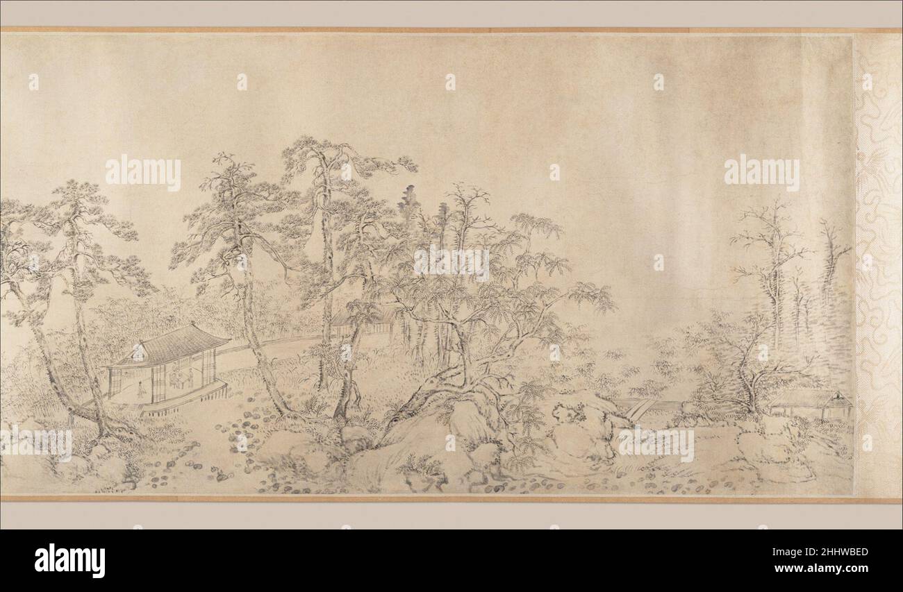 Diskurs über Poesie 1698 die chinesischen Gärten von Gao Jian wurden oft entworfen, um die ideale ihrer Besitzer zu verkörpern. Die Bilder von Gärten könnten noch mehr Freiheit in der Vermittlung des menschlichen Charakters erhalten, indem sie Symbole und Metaphern konstruieren, die aus Elementen der natürlichen Umgebung stammen. Das ist mit Sicherheit der Fall bei diesem Gemälde des Suzhou-Künstlers Gao Jian, das zu einer Abhandlung über chinesische Poesie des renommierten Gelehrten-Beamten und Sammlers Song Luo (1634–1713) angefertigt wurde. Darin präsentiert Gao eine idealisierte Beschwörung von Song, der seinen Diskurs in einem Gartenpavillon komponiert. Helles CO wird abgelehnt Stockfoto