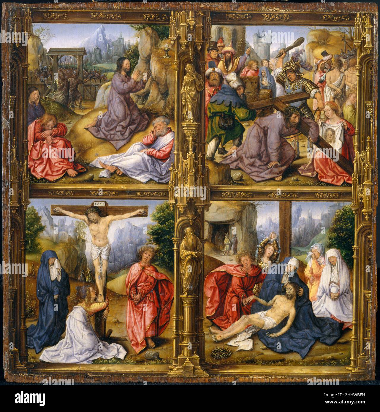 Vier Szenen aus dem Passionsnachfolger von Bernard van Orley Niederlandisches Diese Tafel war wahrscheinlich das Herzstück eines kleinen Triptychons, das seinem Besitzer bei der empathischen Erfahrung der Passion Christi helfen sollte. In vier fein gemalten Miniaturszenen sind die Qual im Garten Gethsemane, Christus, der das Kreuz trägt, die Kreuzigung und das Klagelied dargestellt. In diesem dicht verzierten Werk umrahmen aufwendige fiktive Rahmen mit Statuen alttestamentlichen Propheten in gotischen Nischen die erzählerischen Episoden, die den Gemälden von Bernard van Orley nahe stehen. Die Posen und Gesten Stockfoto