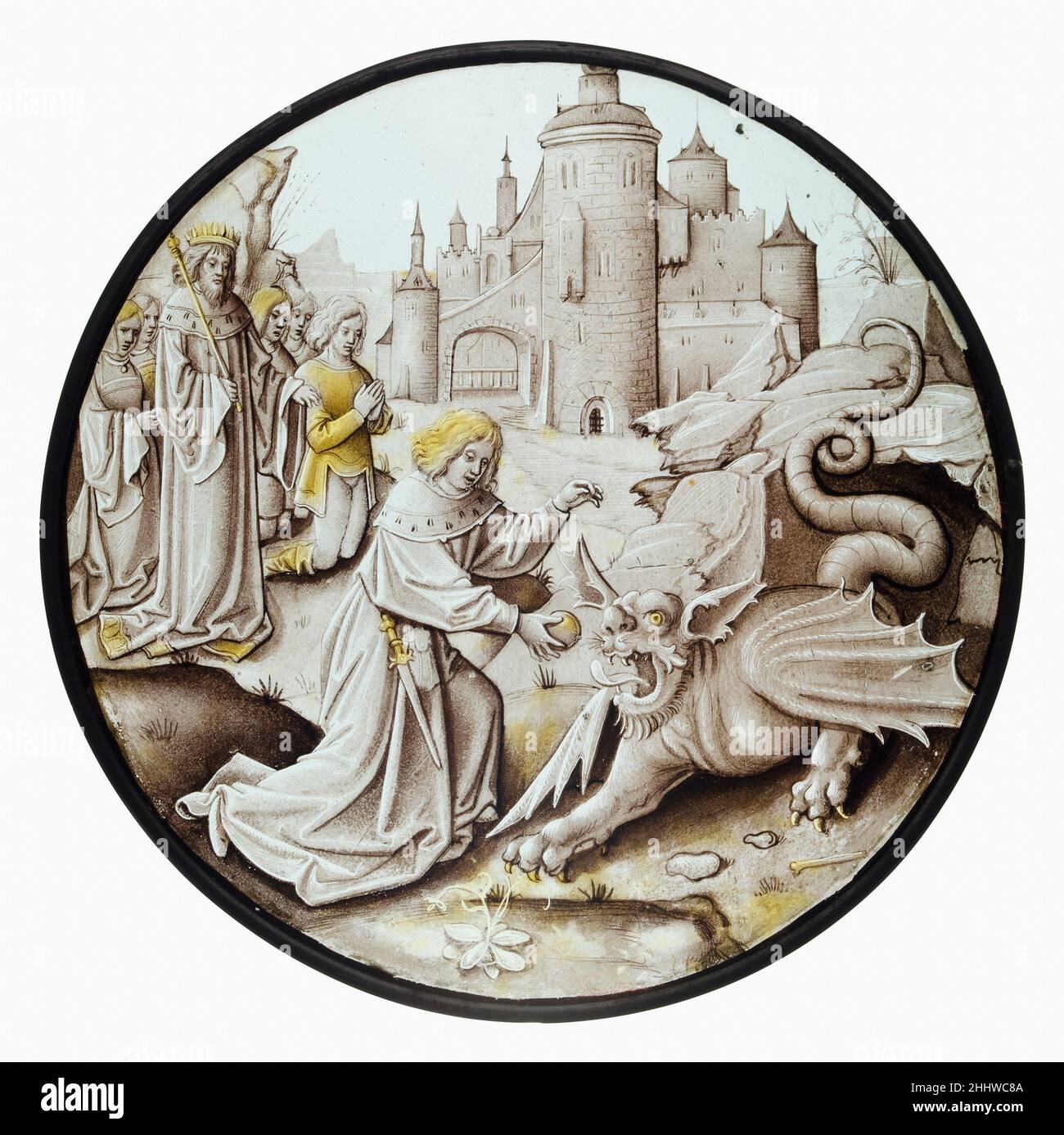 Roundel mit Daniel Slaying the Dragon Ca. 1520 Stil des Pseudo-Ortkens Südniederländisch. Roundel mit Daniel, der den Drachen erschlugt. Stil von Pseudo-Ortkens (Südniederländische, aktive Antwerpen und Brüssel, ca. 1500–30). Südniederländisch. Ca. 1520. Farbloses Glas, Glasfarbe und Silberfleck. Hergestellt in Antwerpen oder Brüssel, Südniederland. Glasmalerei Stockfoto