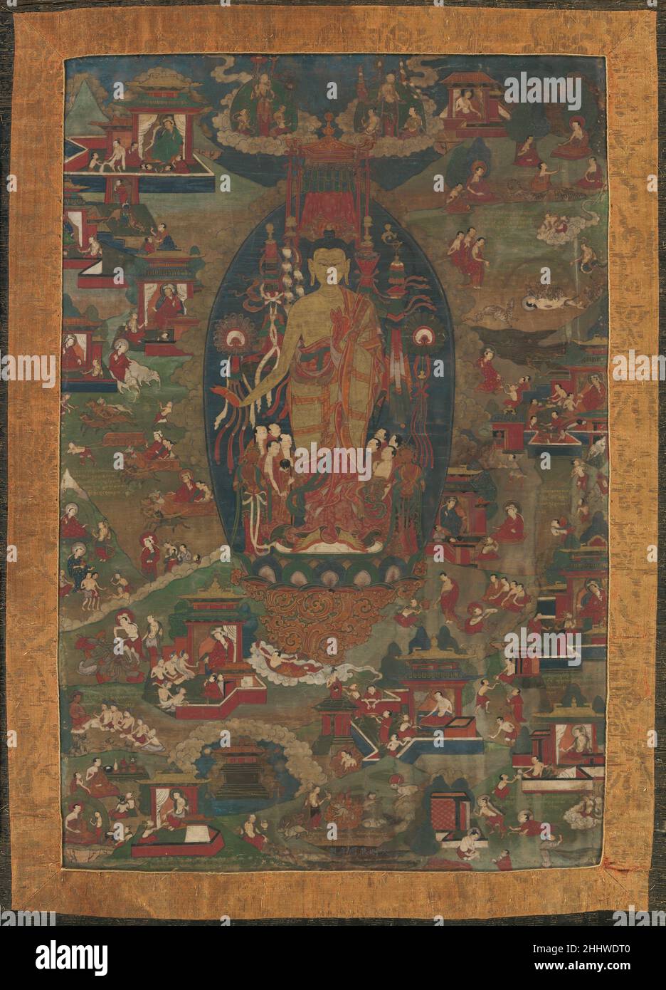 Buddha Shakyamuni und Szenen seiner früheren Leben (Jataka-Erzählungen) 1573–1619 Tibet Dieses Gemälde zeigt ein seltenes Thema der tibetischen Kunst, das Leben von Buddha Shakyamuni und seiner früheren Inkarnationen, wie es in den Jataka-Erzählungen erzählt wird. Diese Geschichten bilden einen wesentlichen Bestandteil der buddhistischen Kosmologie. Diese tangka hat eine chinesische Inschrift aus dem Werk auf die Herrschaft des Wanli Kaiser (r. 1573–1619) der Ming-Dynastie sowie tibetische Glosses, die die dargestellten Szenen identifizieren. Die Anwesenheit der Glosses deutet darauf hin, dass diese tangka für einen tibetischen Kunden gemacht wurde. Abgebildet um das zentrale Symbol eines Stockfoto