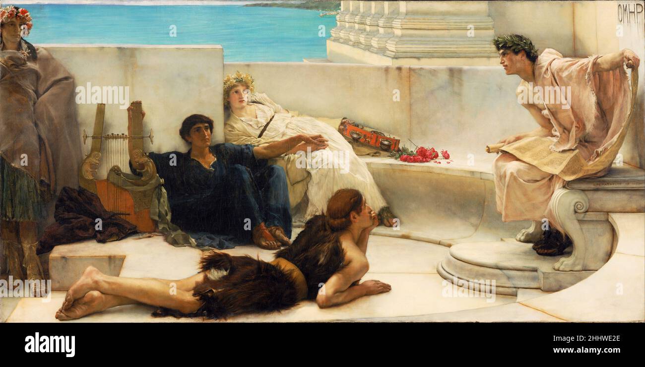Eine Lesung von Homer von Sir Lawrence Alma-Tadema. Ein junger Dichter, gekrönt mit einem Lorbeerkranz, liest von Homer vor einem Publikum, das für ein Festival gekleidet ist. Stockfoto