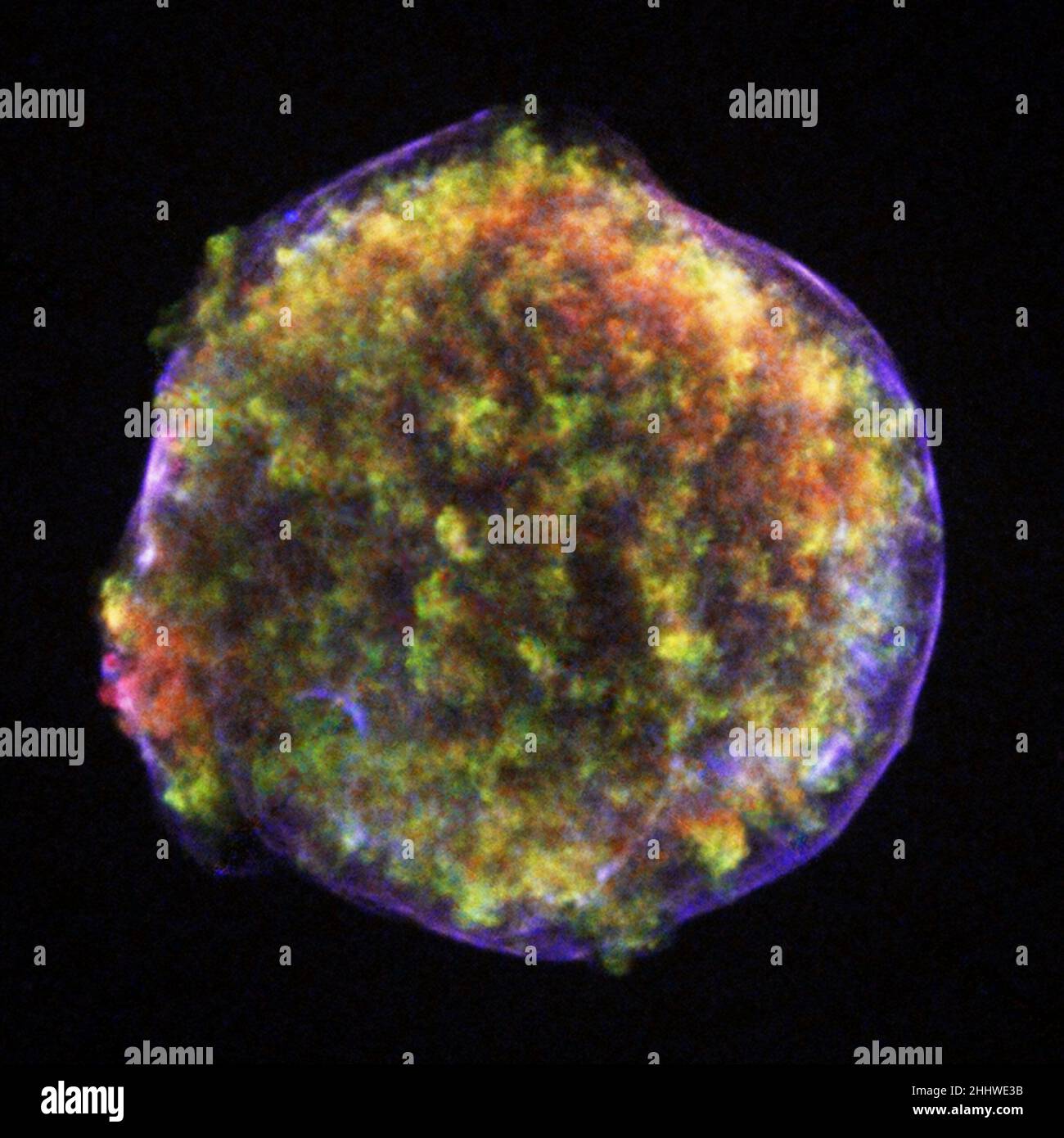 Tychos Supernova-Überrest. 1572 beobachtete und untersuchte der dänische Astronom Tycho Brahe die Explosion eines Sterns, der als Tycho-Supernova bekannt wurde. Mehr als vierhundert Jahre später zeigt dieses Foto des Supernova-Überrestes eine sich ausdehnende Blase aus Multimillionen-Grad-Trümmern (grün und rot) in einer Hülle aus extrem hochenergetischen Elektronen (filamentarisch blau), die sich bei geschätzten 5000 km/s ausdehnt.Foto vom Chandra-Röntgenobservatorium. Stockfoto