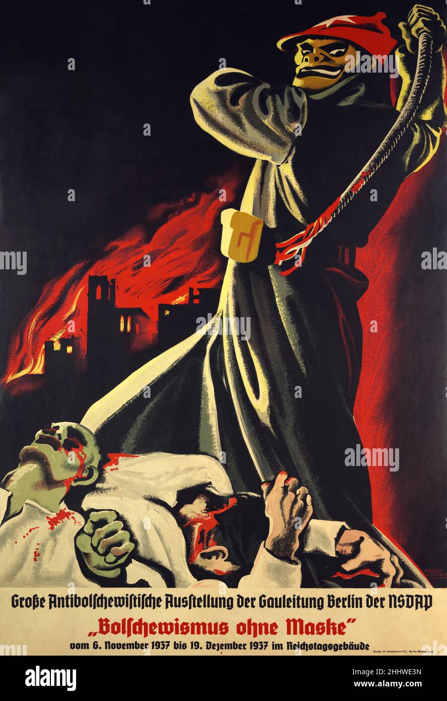 Ein Nazi-antibolschewistisches Propagandaplakat vor dem Krieg, auf dem eine dämonische Figur mit einer Arbeitertunika und einem roten Hut zeigt, die blutende Körper mit einer brennenden Stadt im Hintergrund peitscht. Die Überschrift lautet Bolschewismus Unmasked. Stockfoto