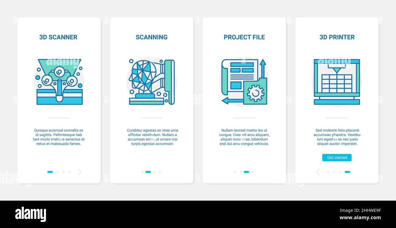 Drucken von Scangeräten Vektorgrafik. UX, UI Onboarding mobile App Seite Screen Set mit Linie Dokument Scanner mit menschlichen Kopf abstrakt symb Stock Vektor